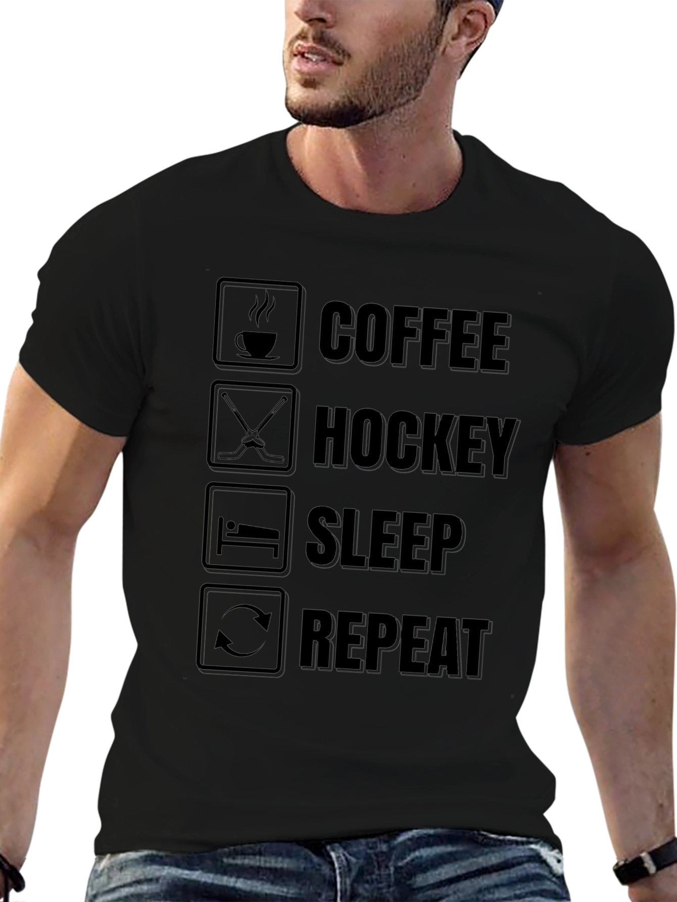 Camiseta Negra Coffee Hockey Sleep Repeat