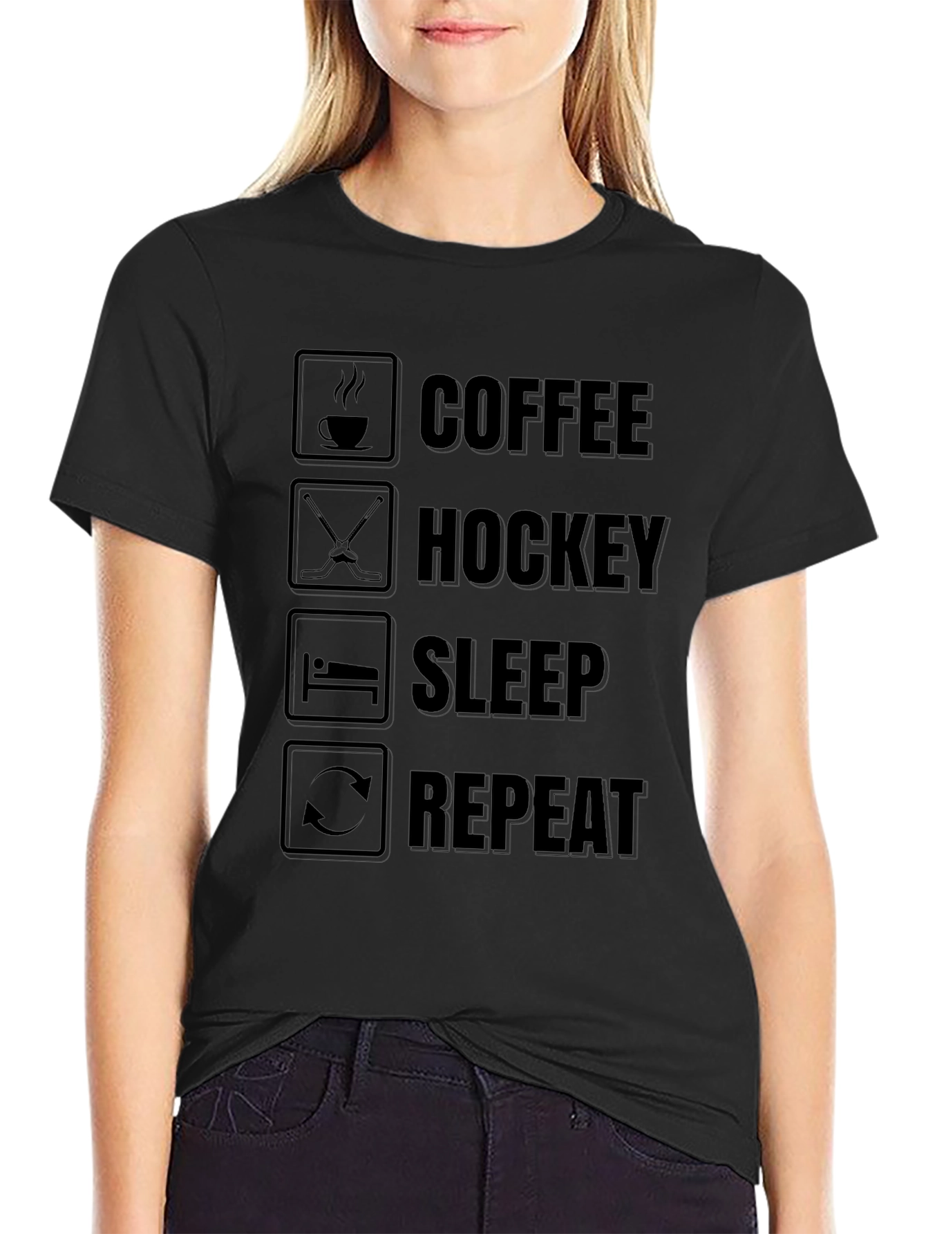 Camiseta Negra Coffee Hockey Sleep Repeat