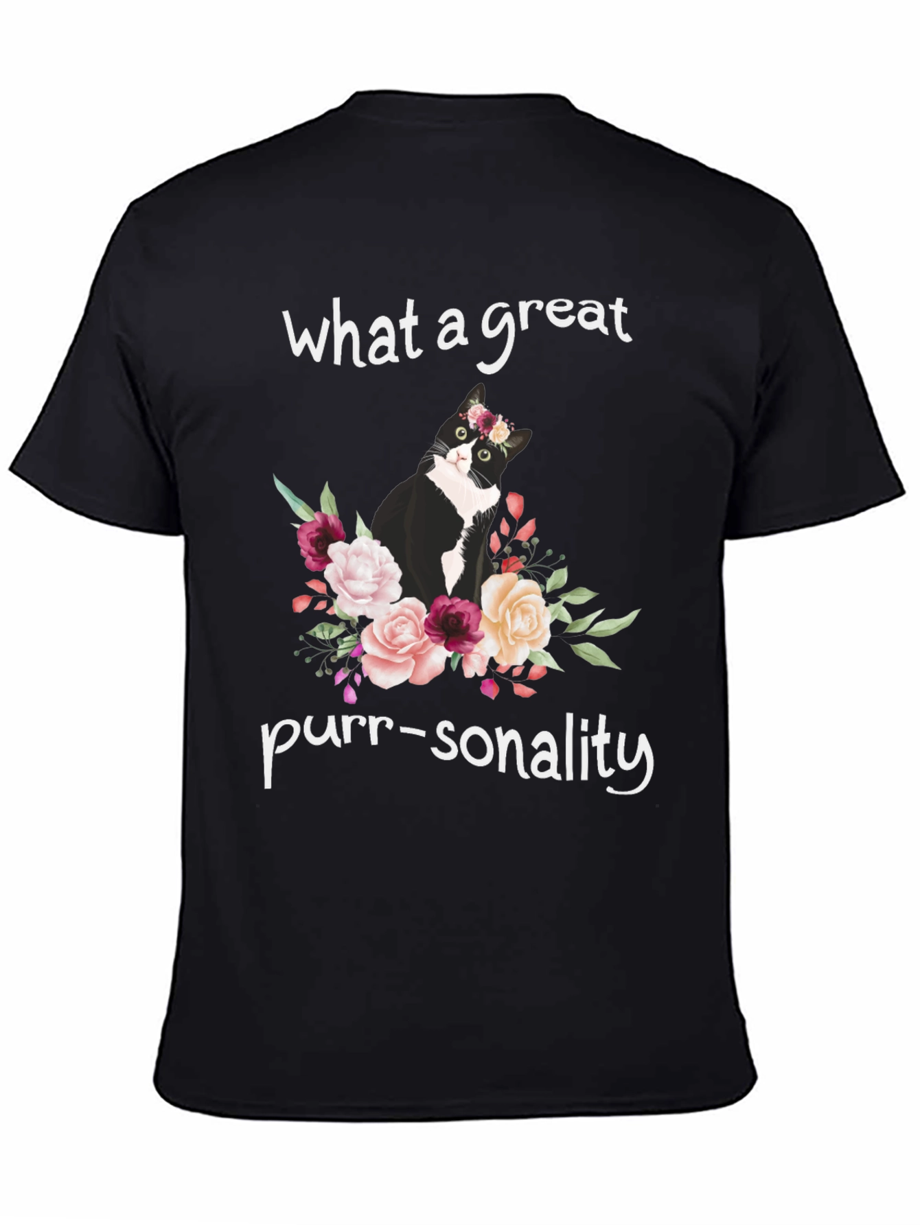 Camiseta Negra con Gato Floral - ¡Personalidad Felina!