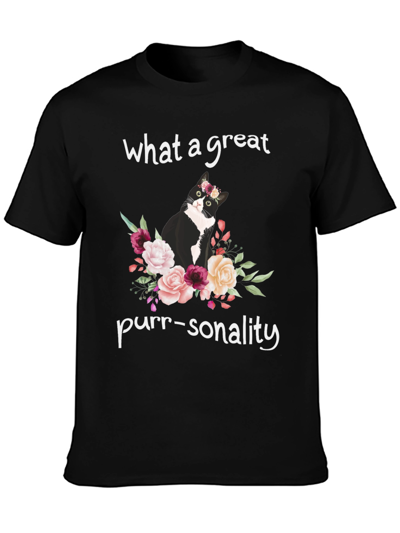 Camiseta Negra con Gato Floral - ¡Personalidad Felina!