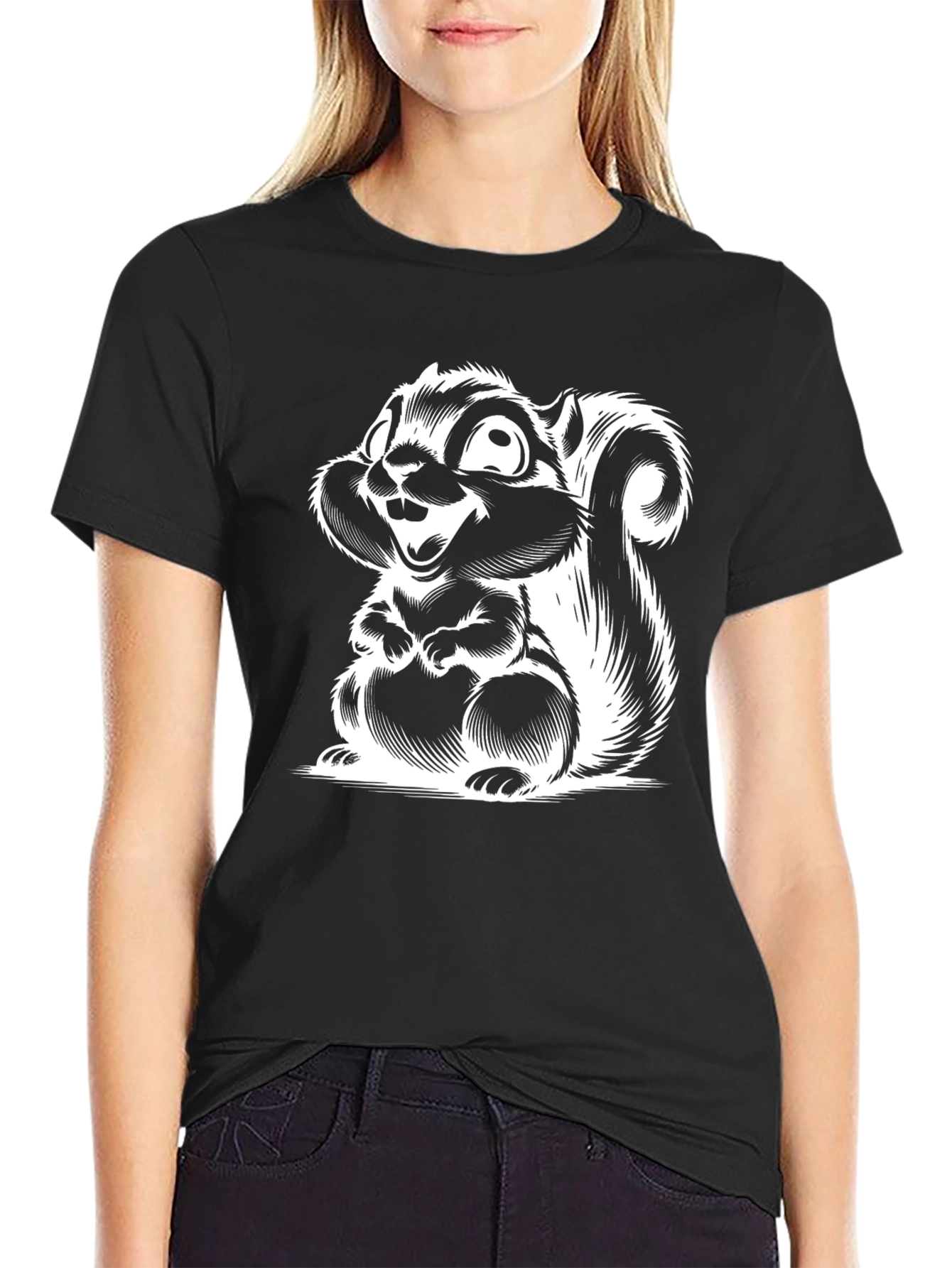 Camiseta Negra con Diseño de Ardilla Animada