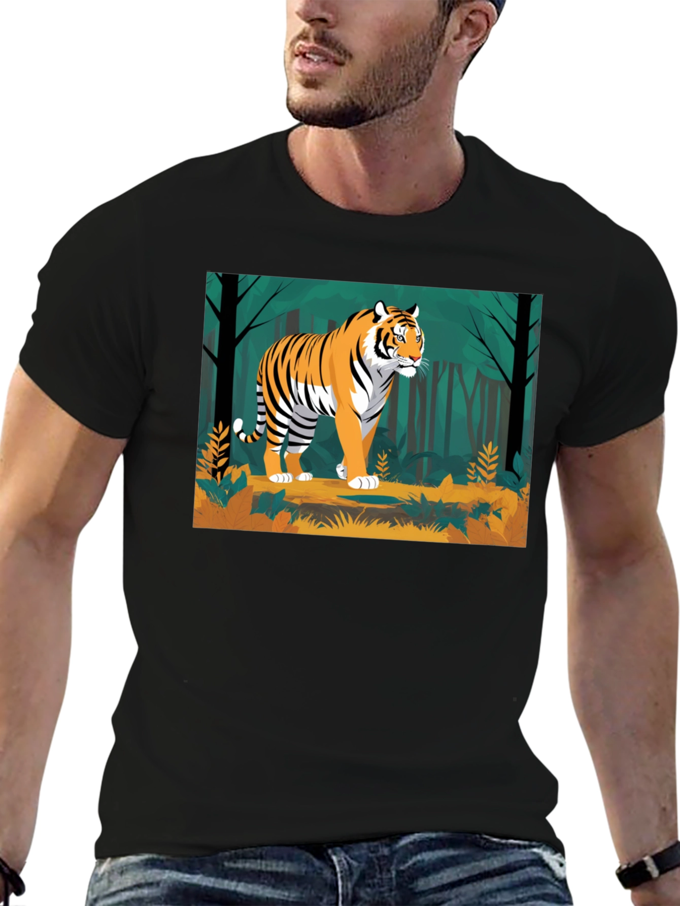 Camiseta Negra con Diseño de Tigre en la Selva