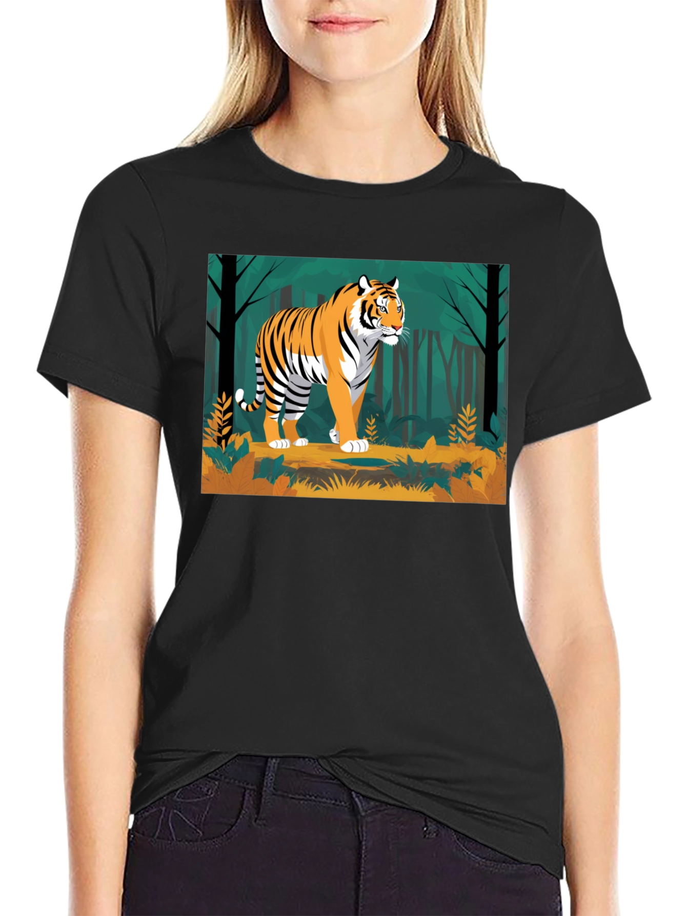 Camiseta Negra con Diseño de Tigre en la Selva