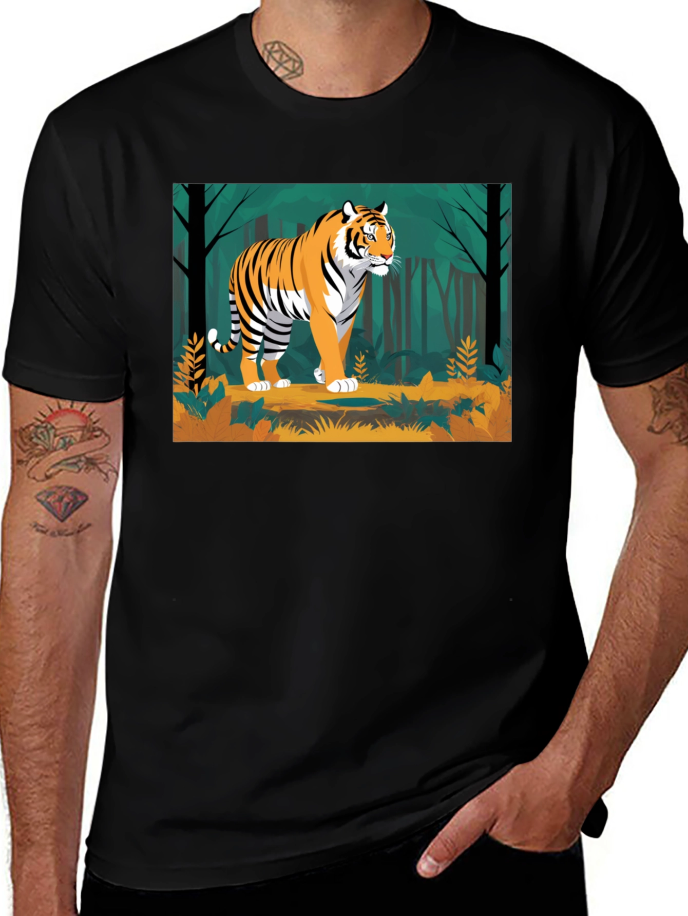 Camiseta Negra con Diseño de Tigre en la Selva