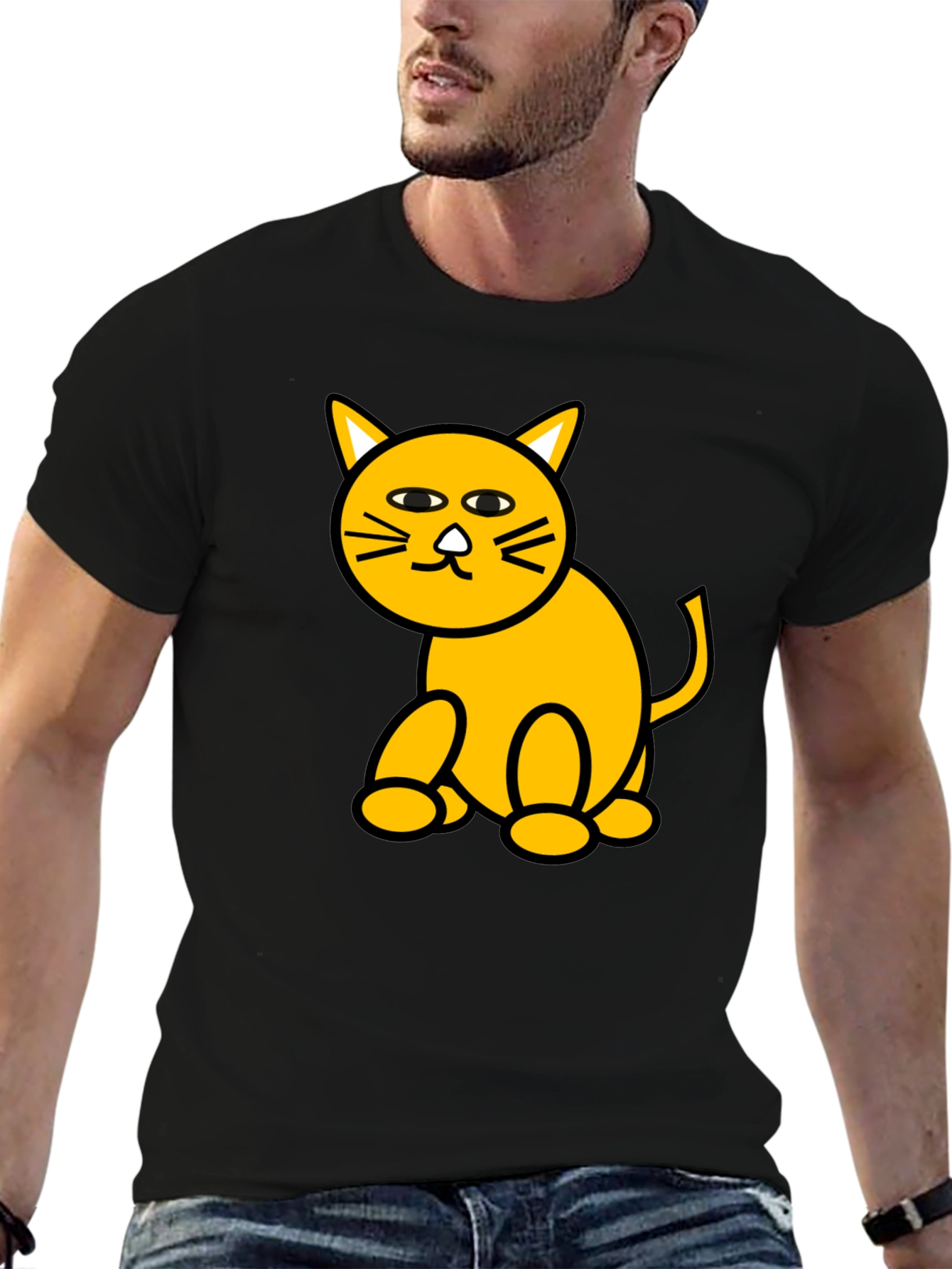 Camiseta Negra con Diseño de Gato Amarillo Divertido