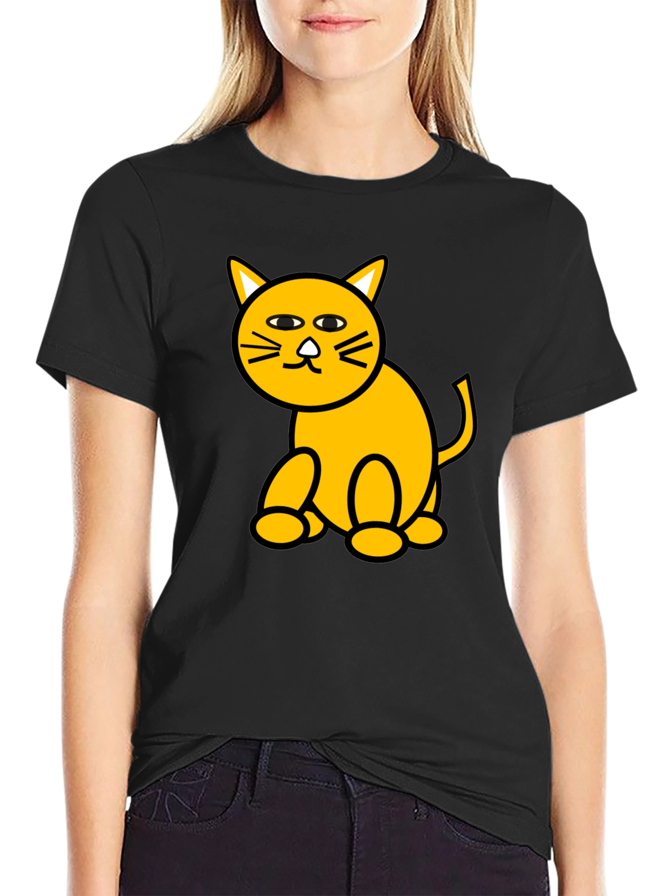 Camiseta Negra con Diseño de Gato Amarillo Divertido