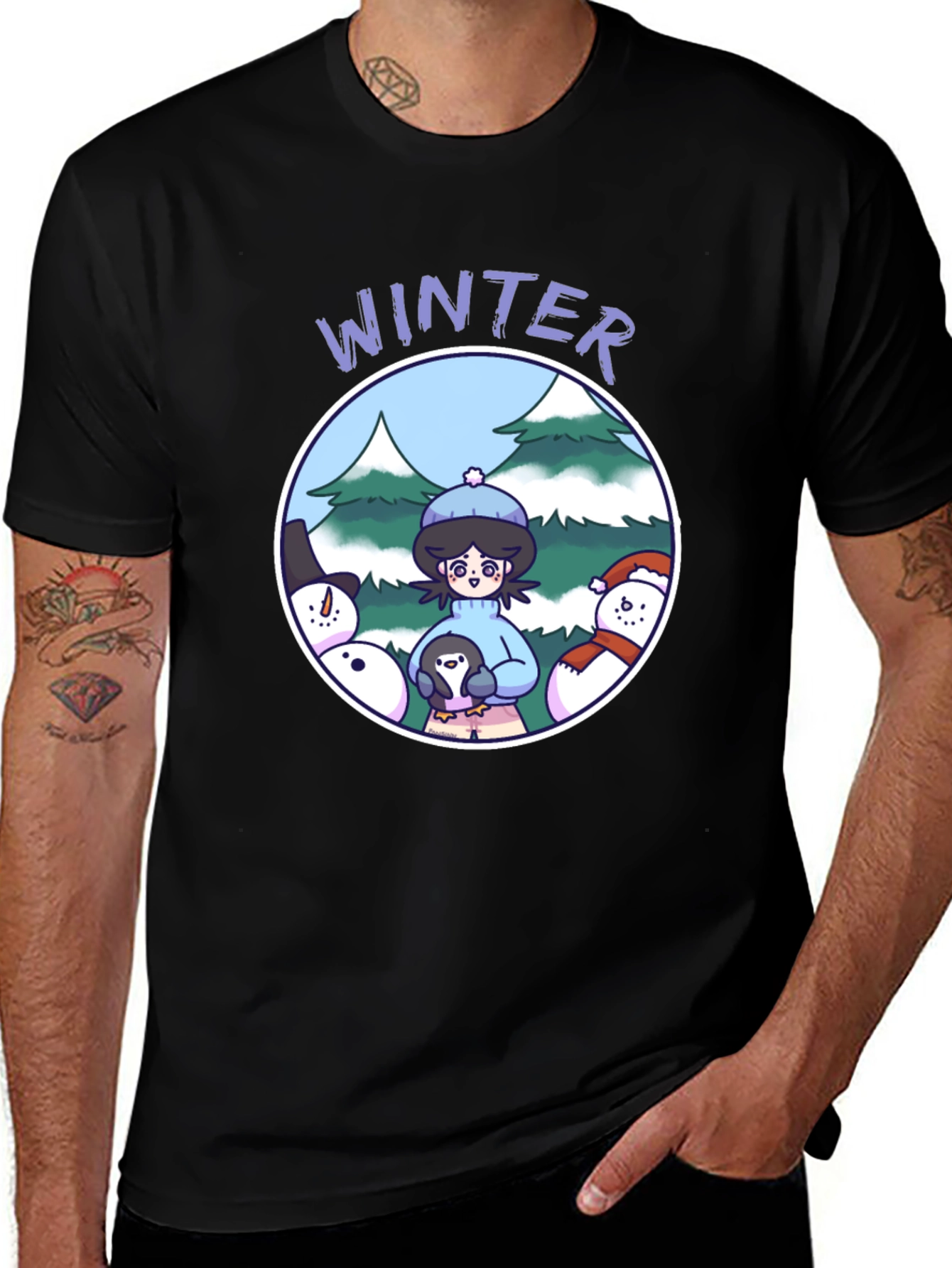Camiseta Negra Invierno con Diseño Animado