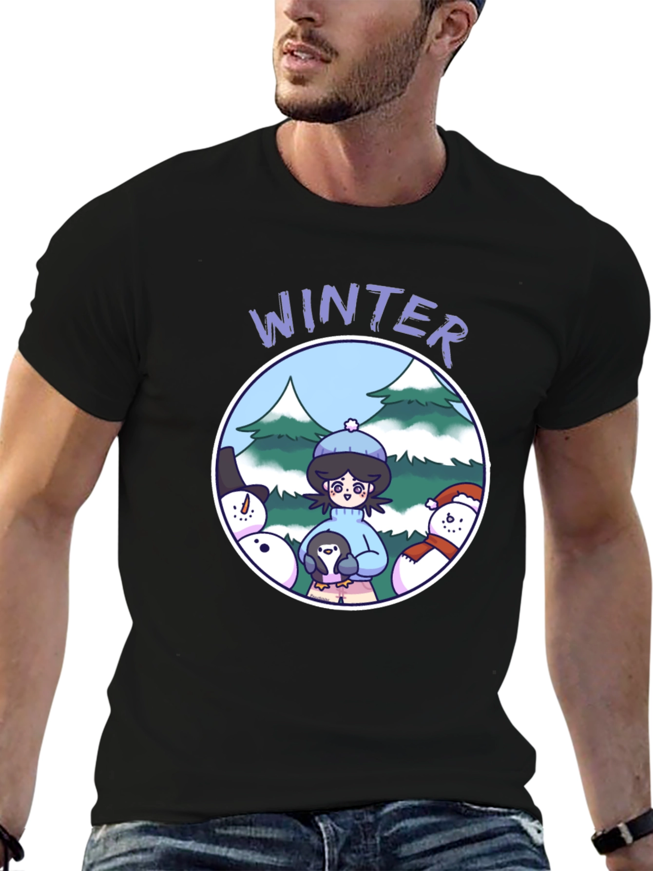 Camiseta Negra Invierno con Diseño Animado
