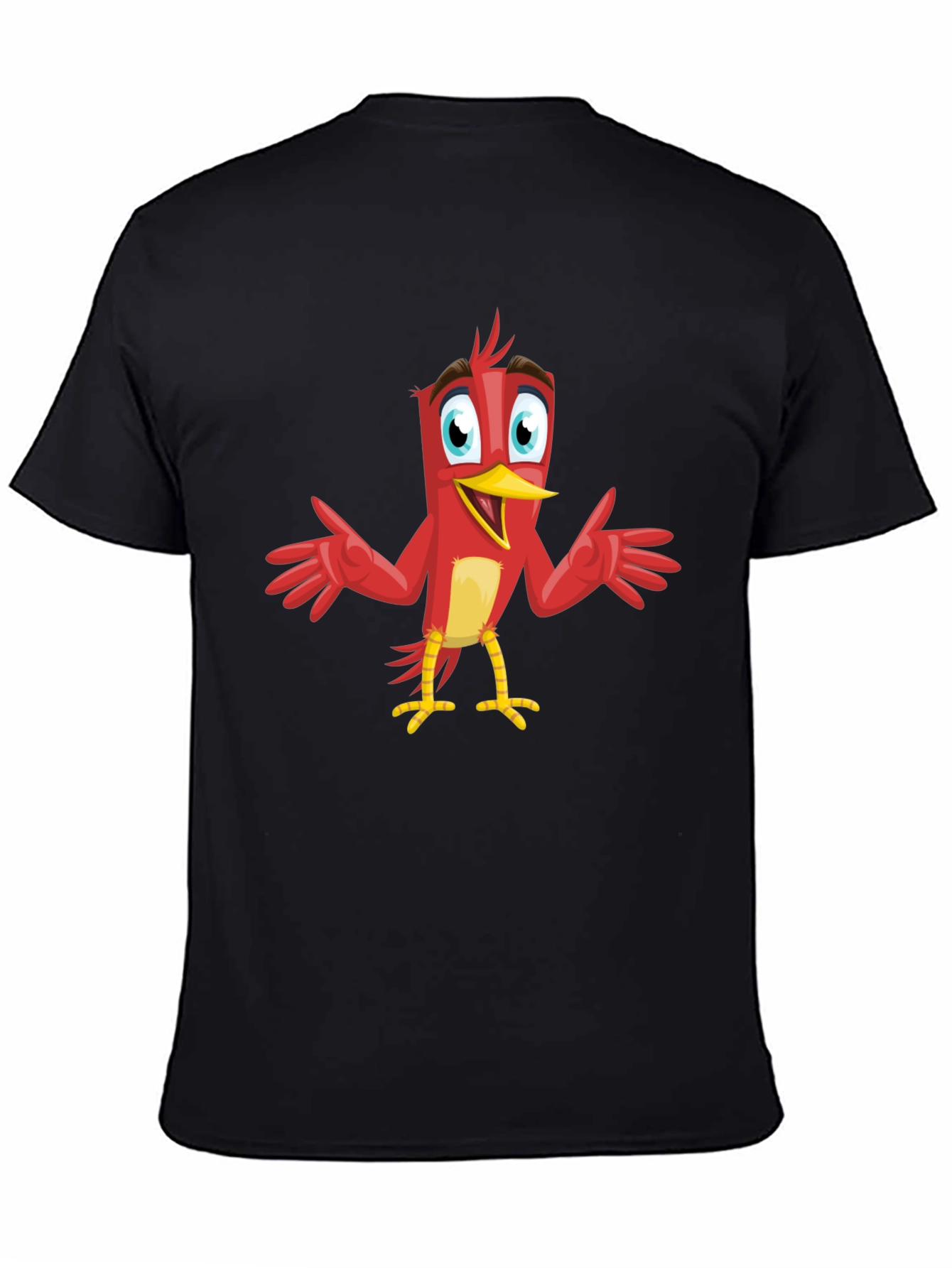 Camiseta Negra con Diseño de Pájaro Rojo Animado