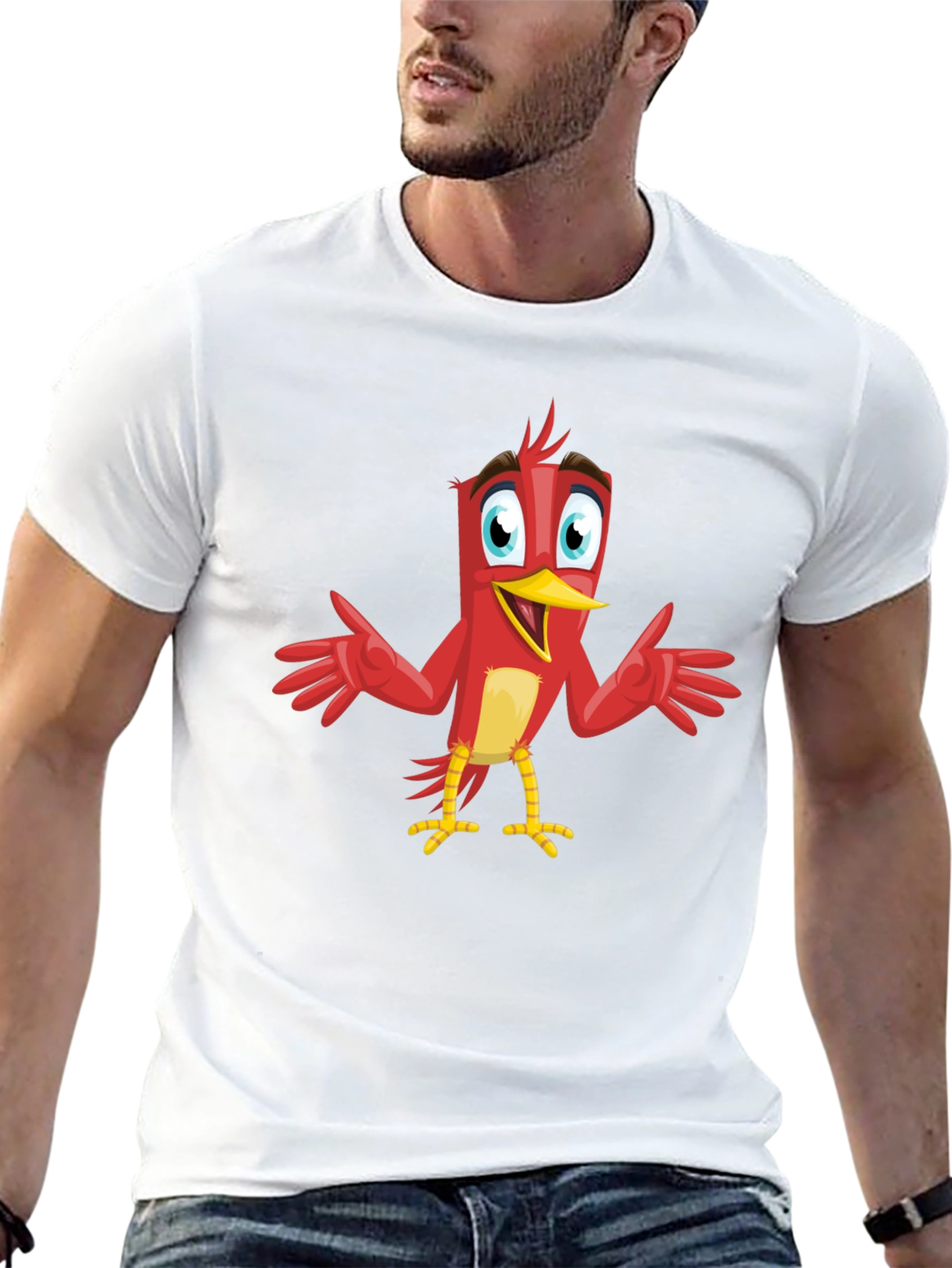 Camiseta Negra con Diseño de Pájaro Rojo Animado
