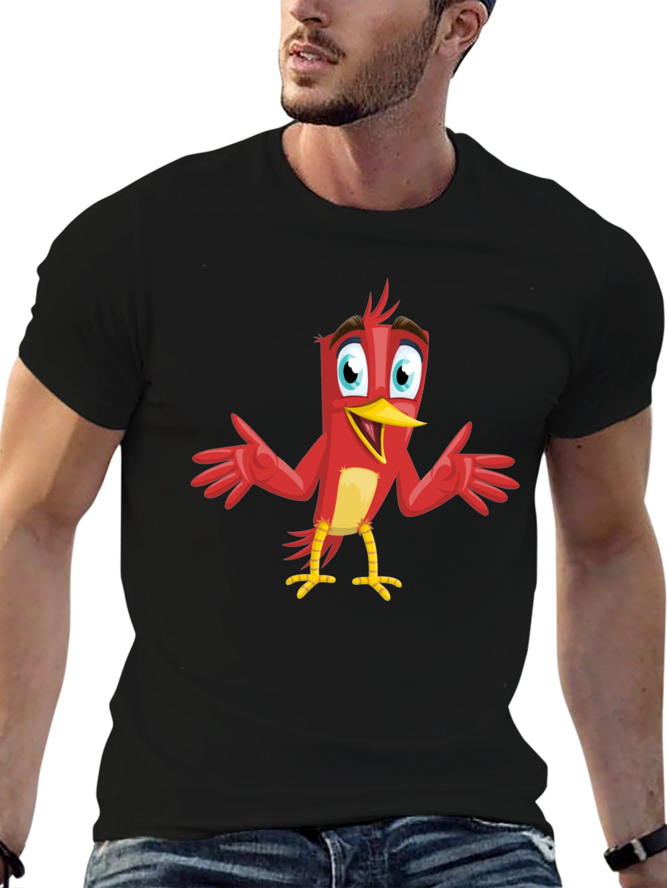 Camiseta Negra con Diseño de Pájaro Rojo Animado