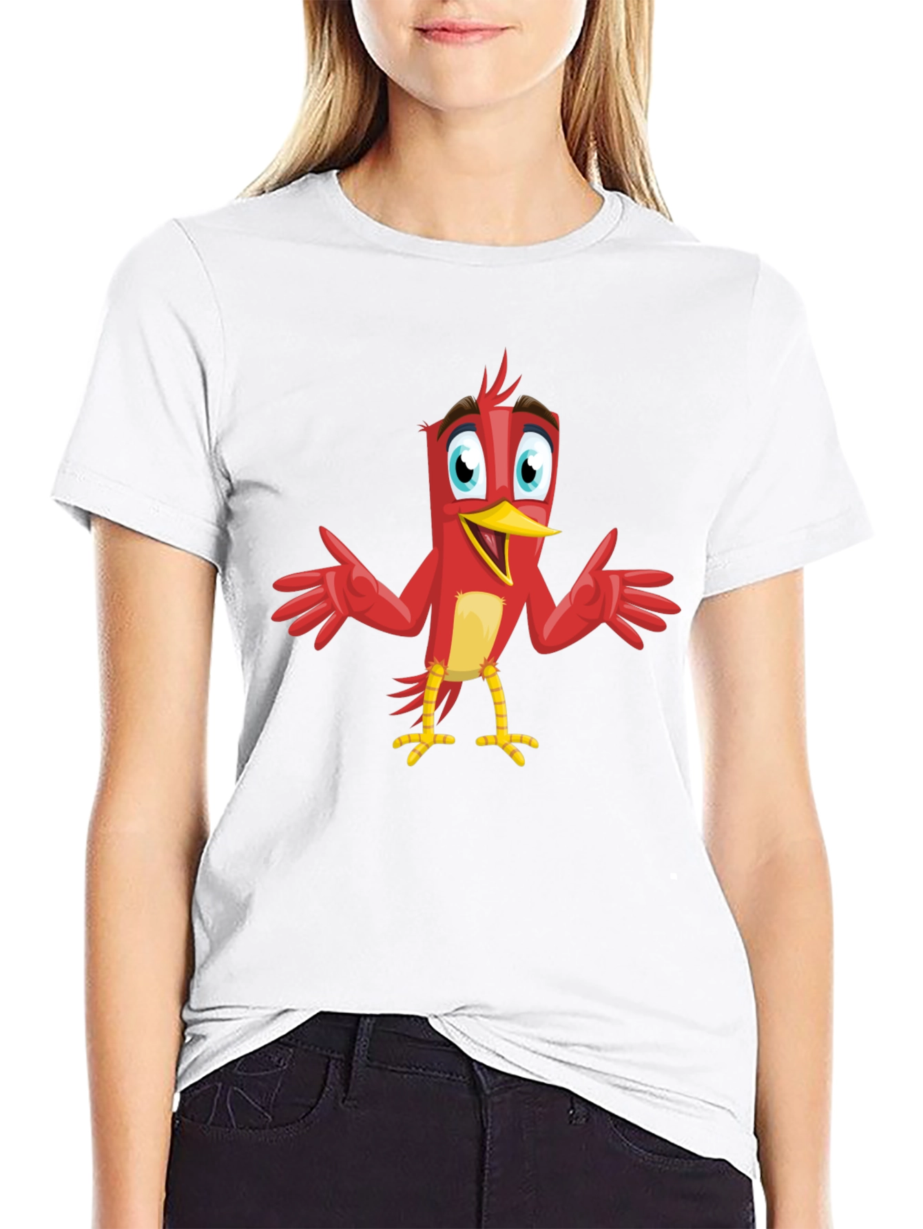 Camiseta Negra con Diseño de Pájaro Rojo Animado