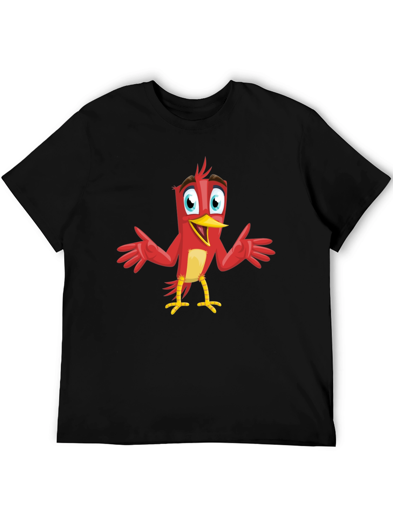 Camiseta Negra con Diseño de Pájaro Rojo Animado