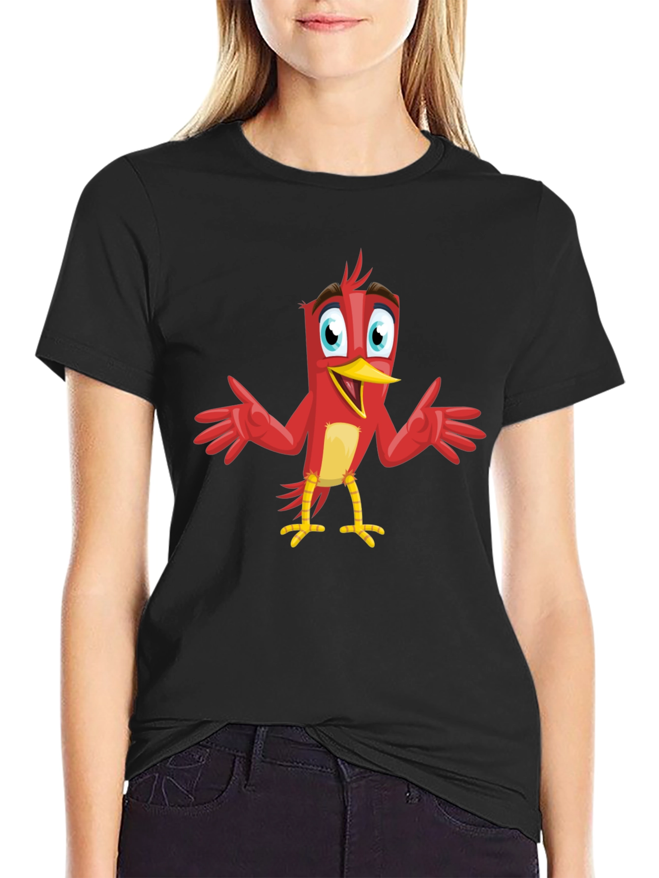 Camiseta Negra con Diseño de Pájaro Rojo Animado