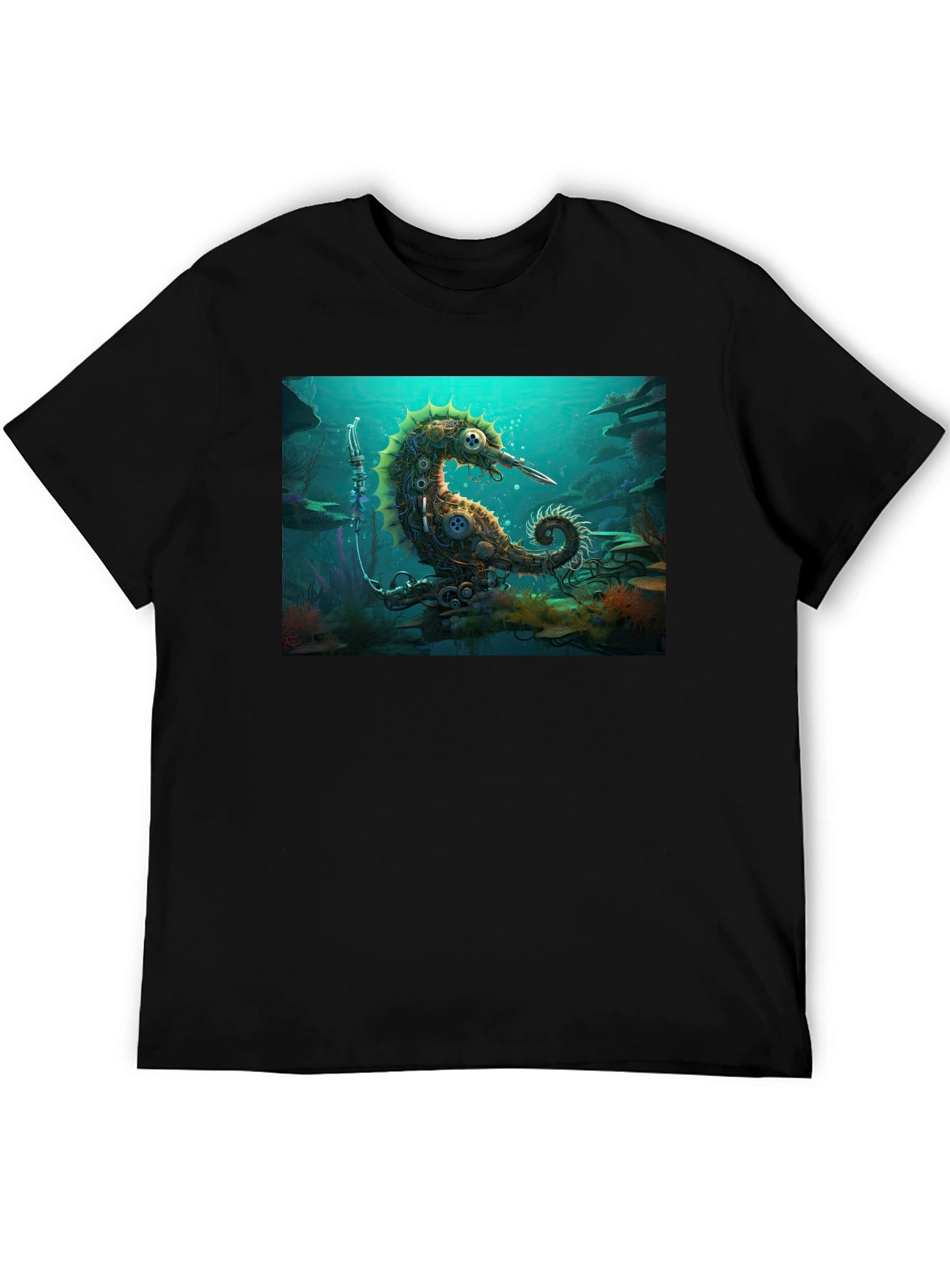 Camiseta Negra con Diseño Steampunk de Caballito de Mar