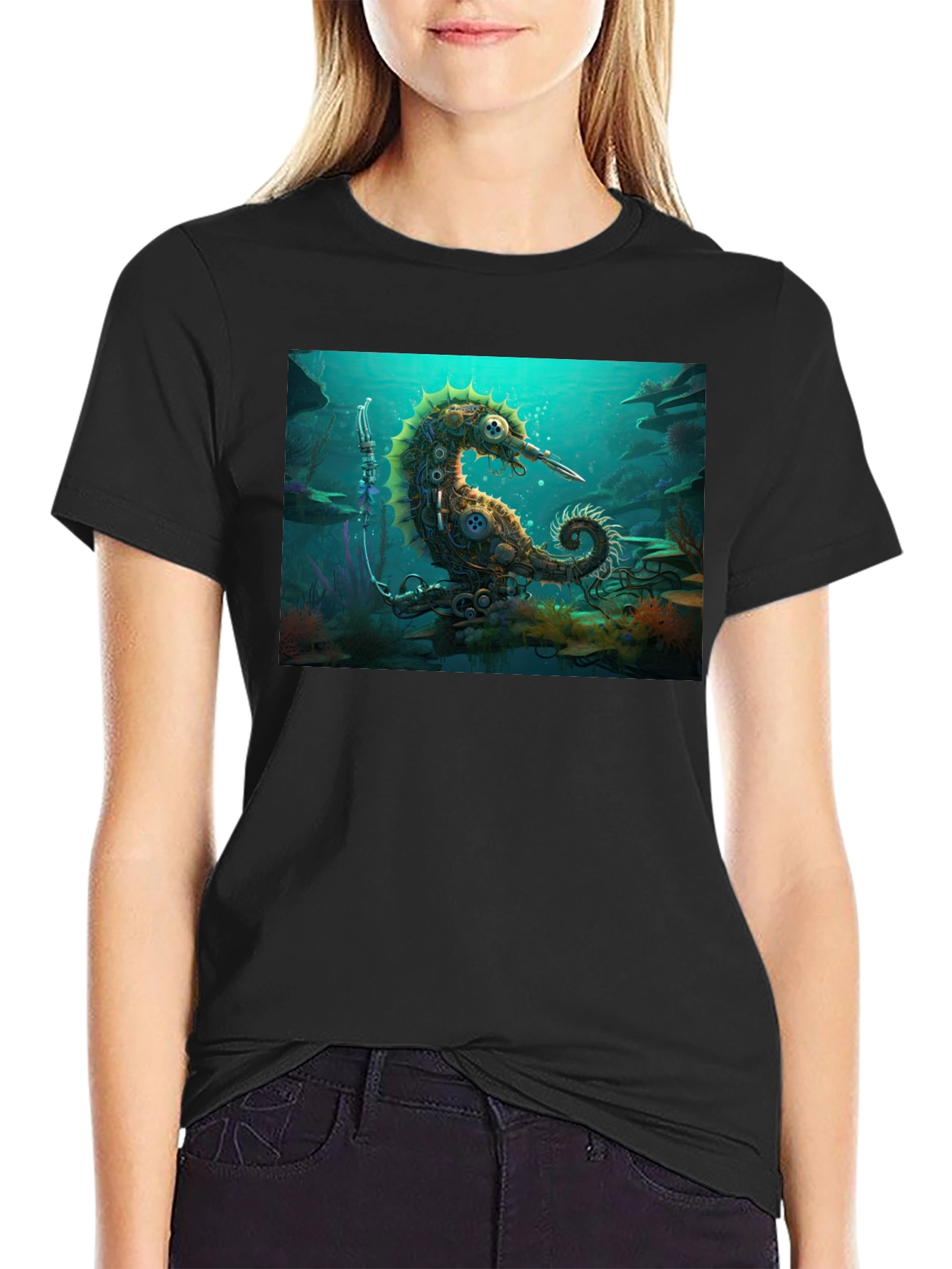 Camiseta Negra con Diseño Steampunk de Caballito de Mar
