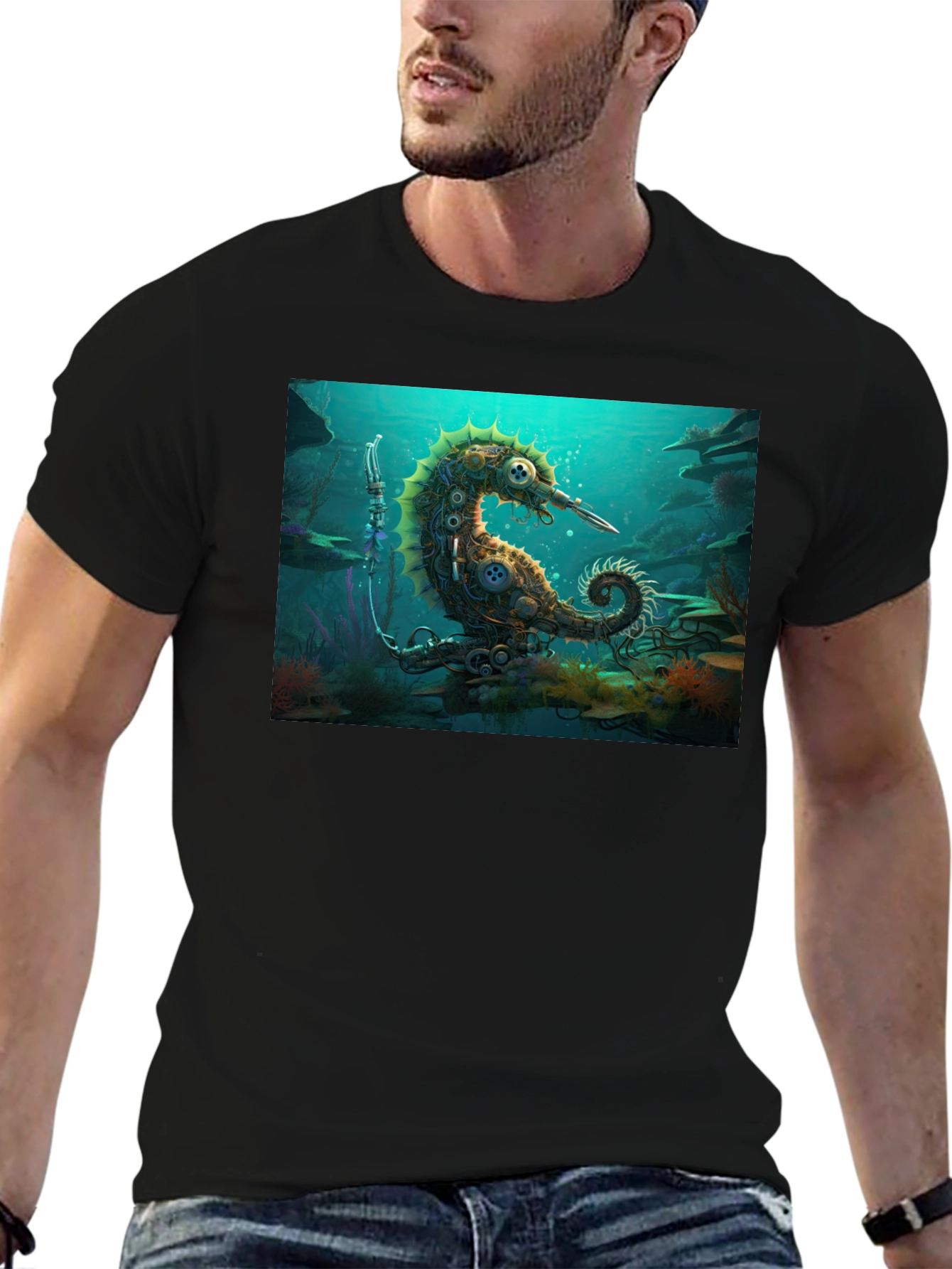 Camiseta Negra con Diseño Steampunk de Caballito de Mar