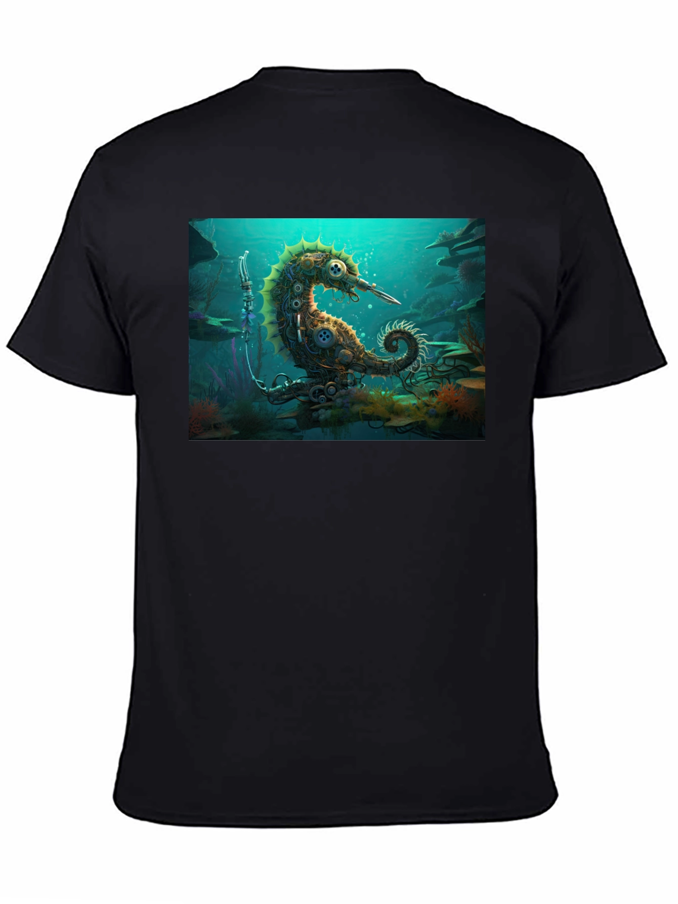 Camiseta Negra con Diseño Steampunk de Caballito de Mar