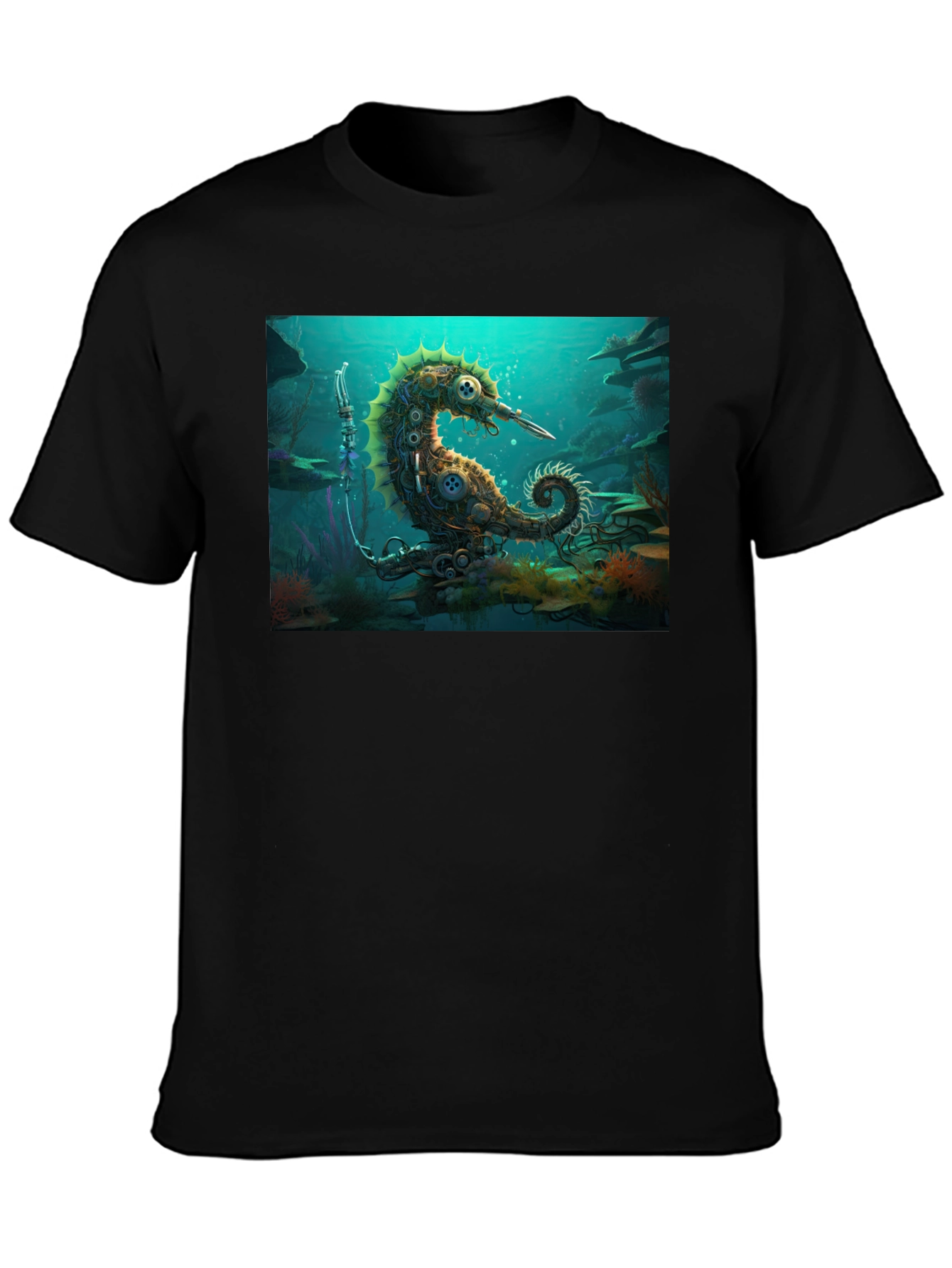 Camiseta Negra con Diseño Steampunk de Caballito de Mar
