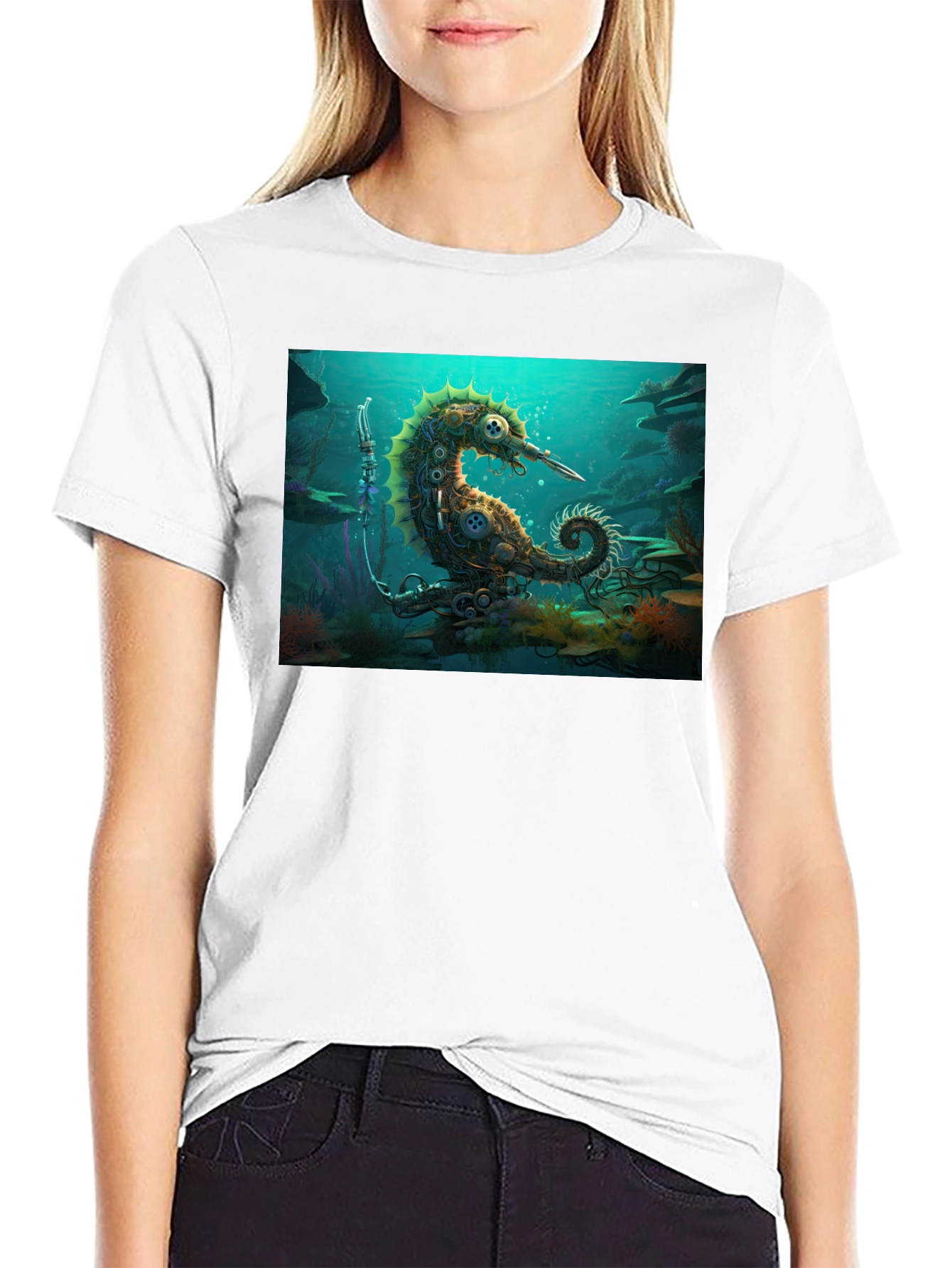 Camiseta Negra con Diseño Steampunk de Caballito de Mar