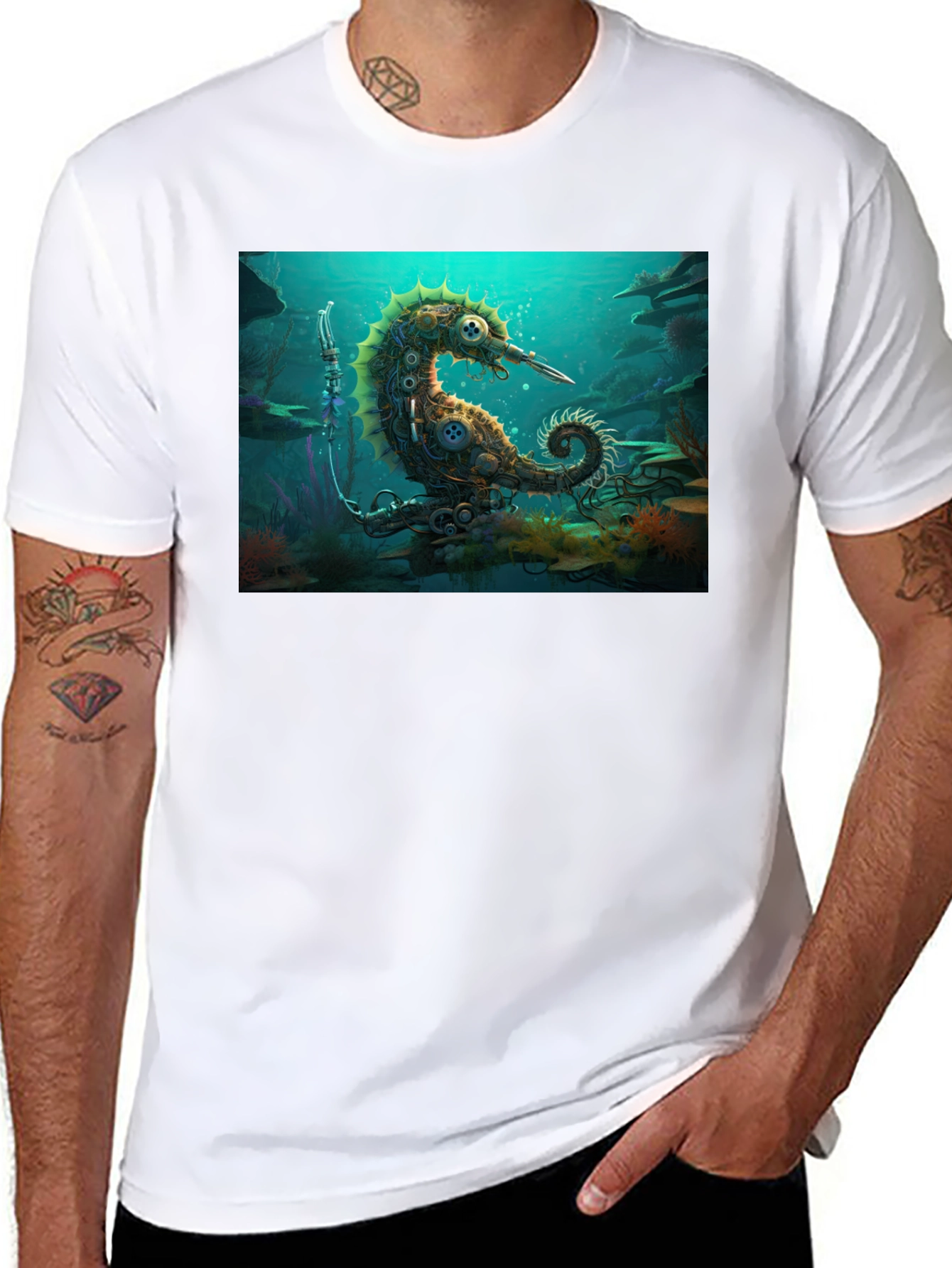 Camiseta Negra con Diseño Steampunk de Caballito de Mar