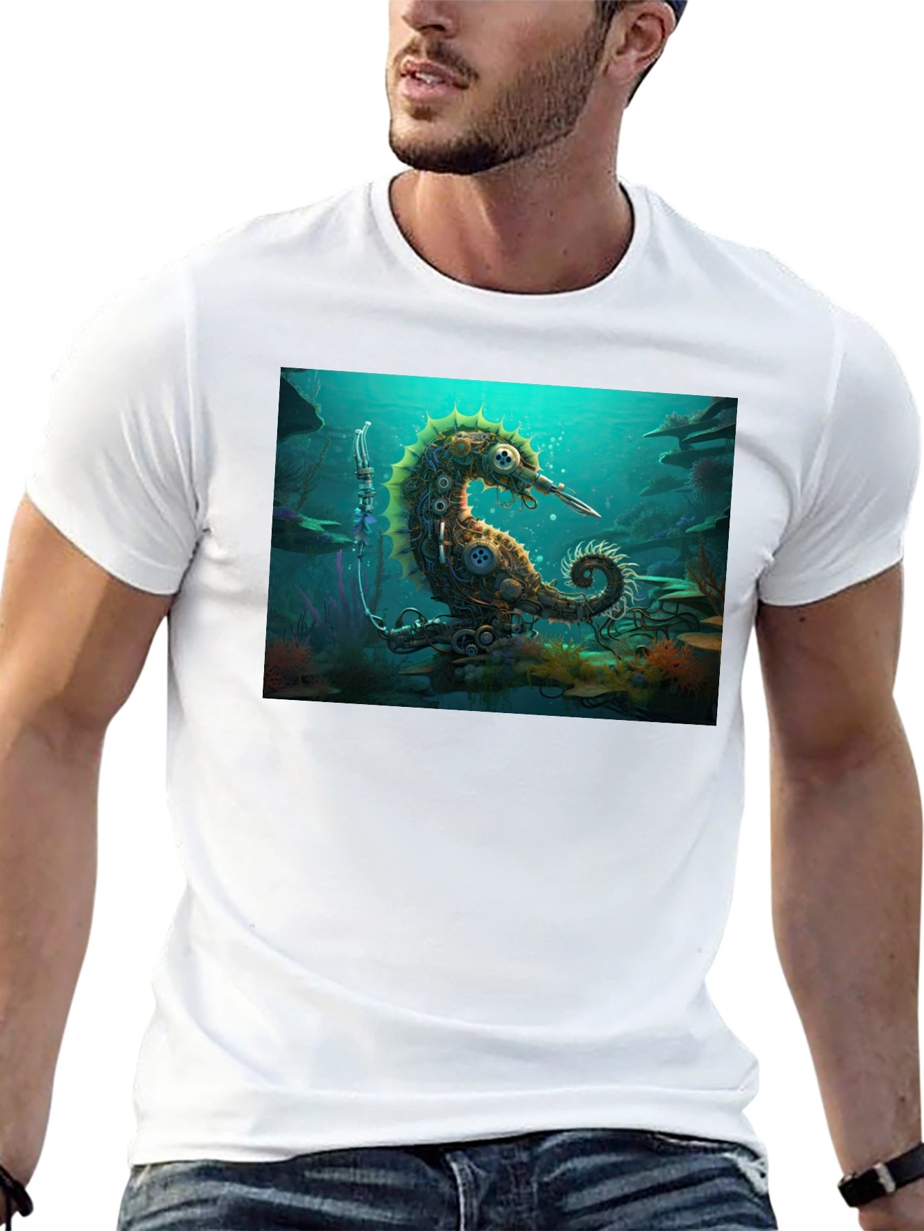 Camiseta Negra con Diseño Steampunk de Caballito de Mar