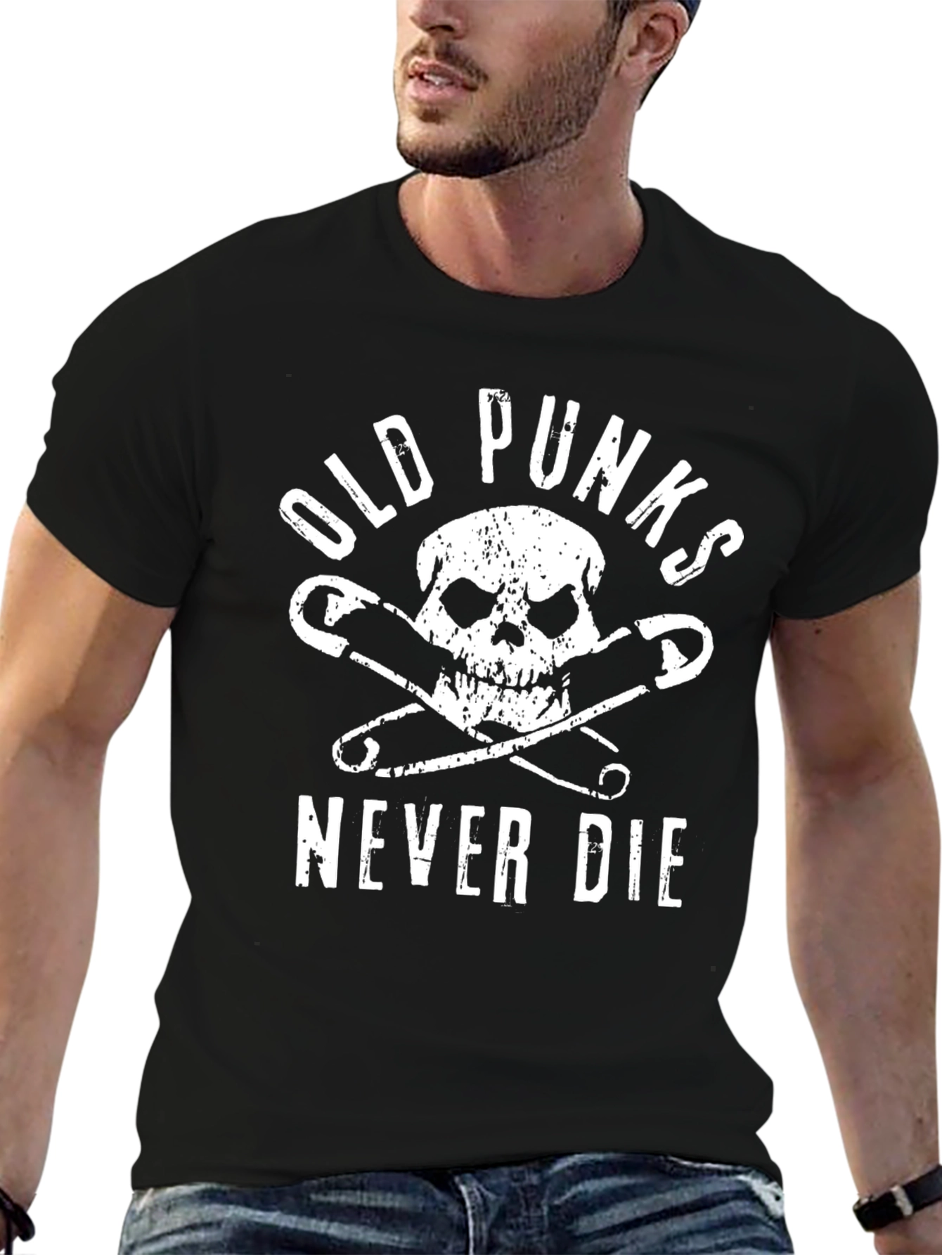 Camiseta Negra Punk con Calavera y Imperdibles