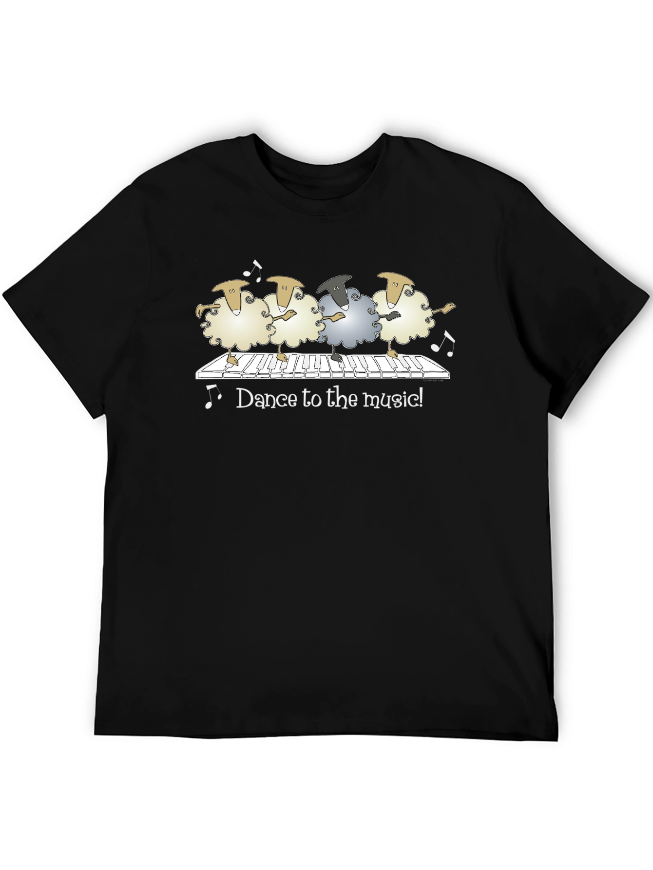 Camiseta Negra con Ovejas Bailando al Piano