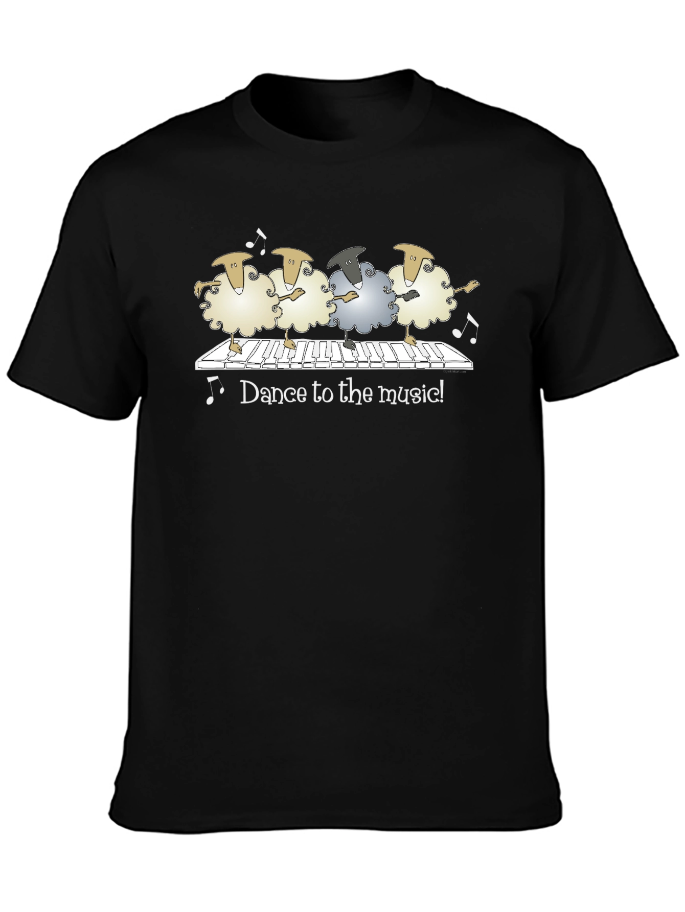Camiseta Negra con Ovejas Bailando al Piano