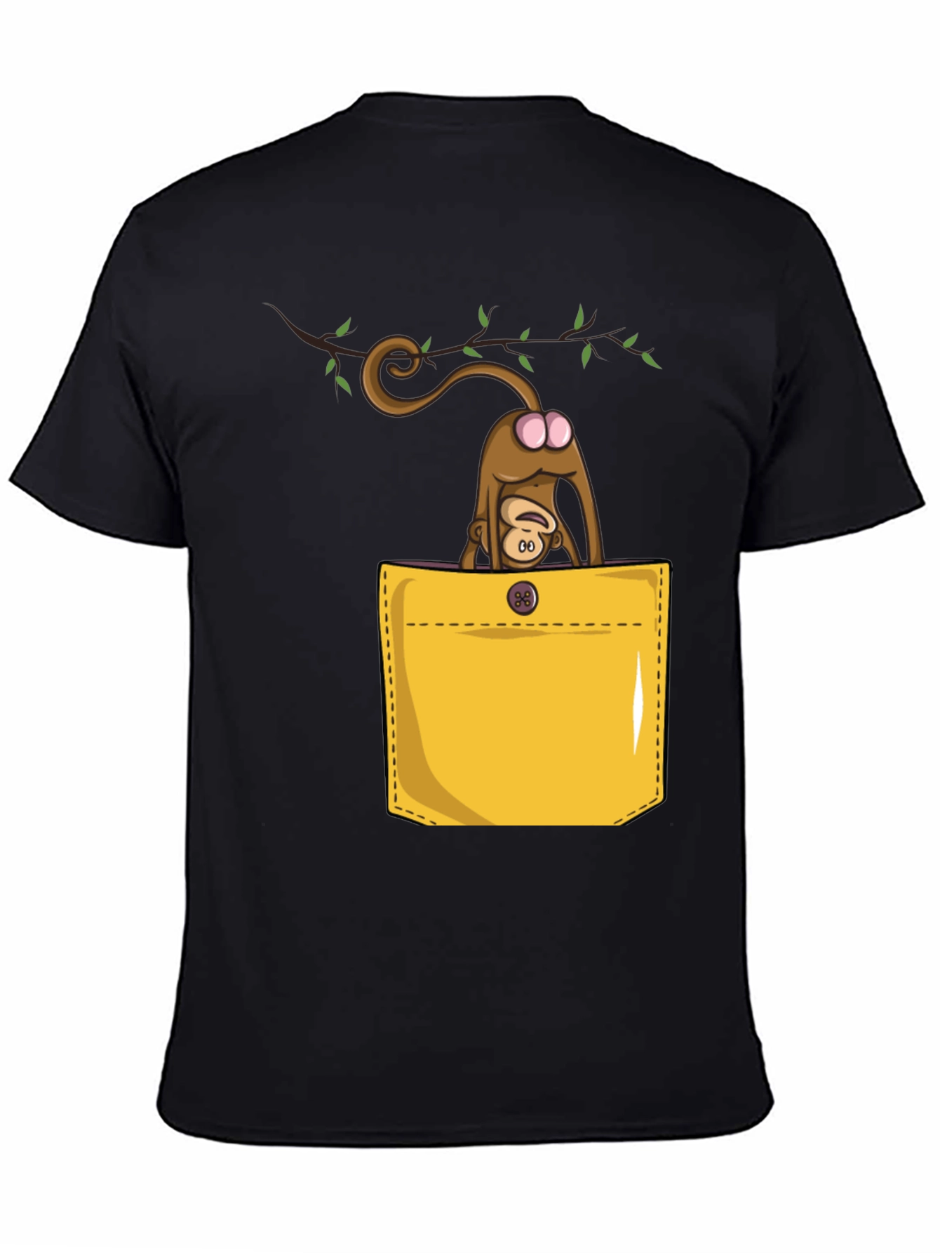 Camiseta Negra con Diseño Divertido de Mono en Bolsillo