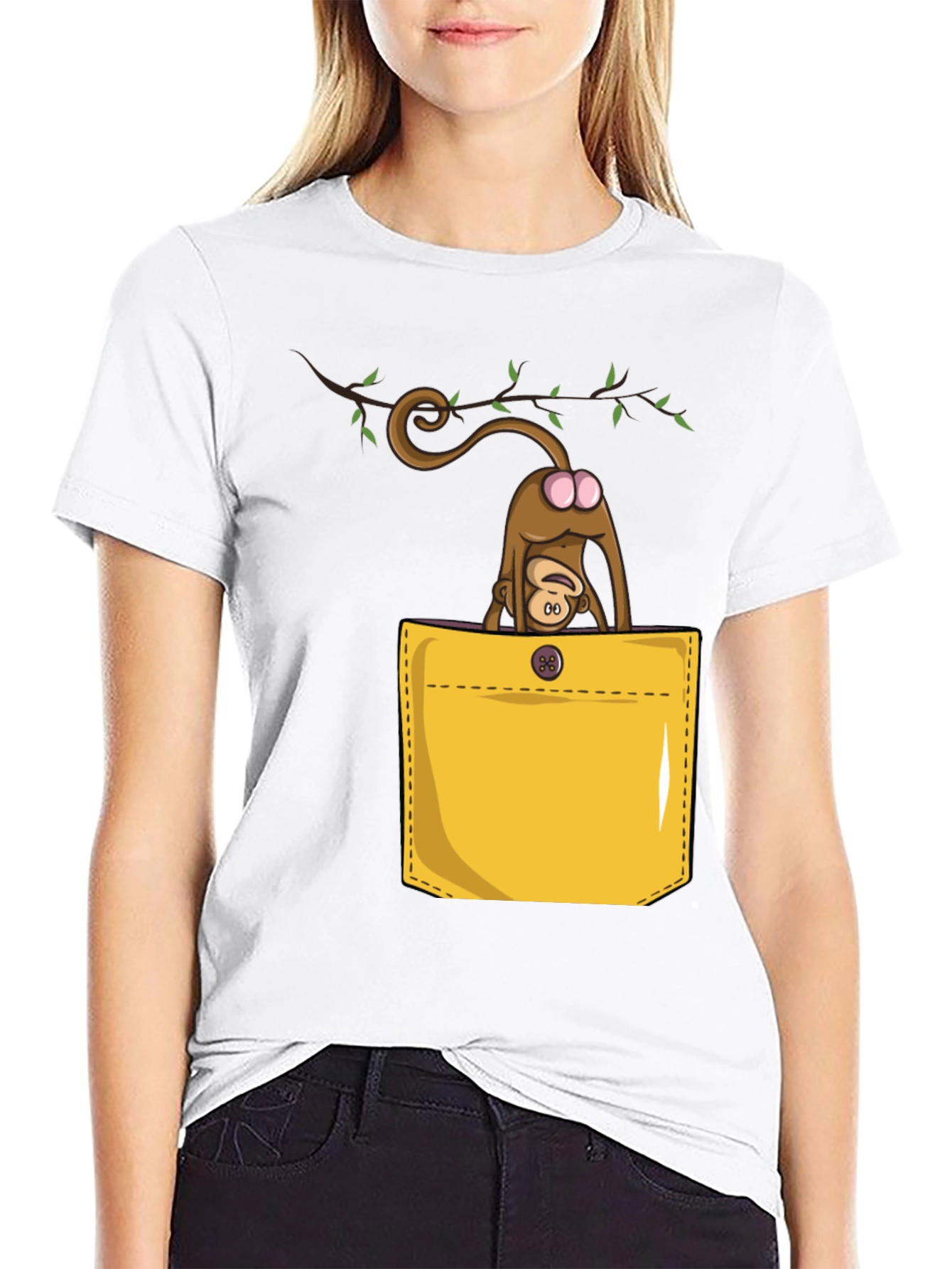 Camiseta Negra con Diseño Divertido de Mono en Bolsillo
