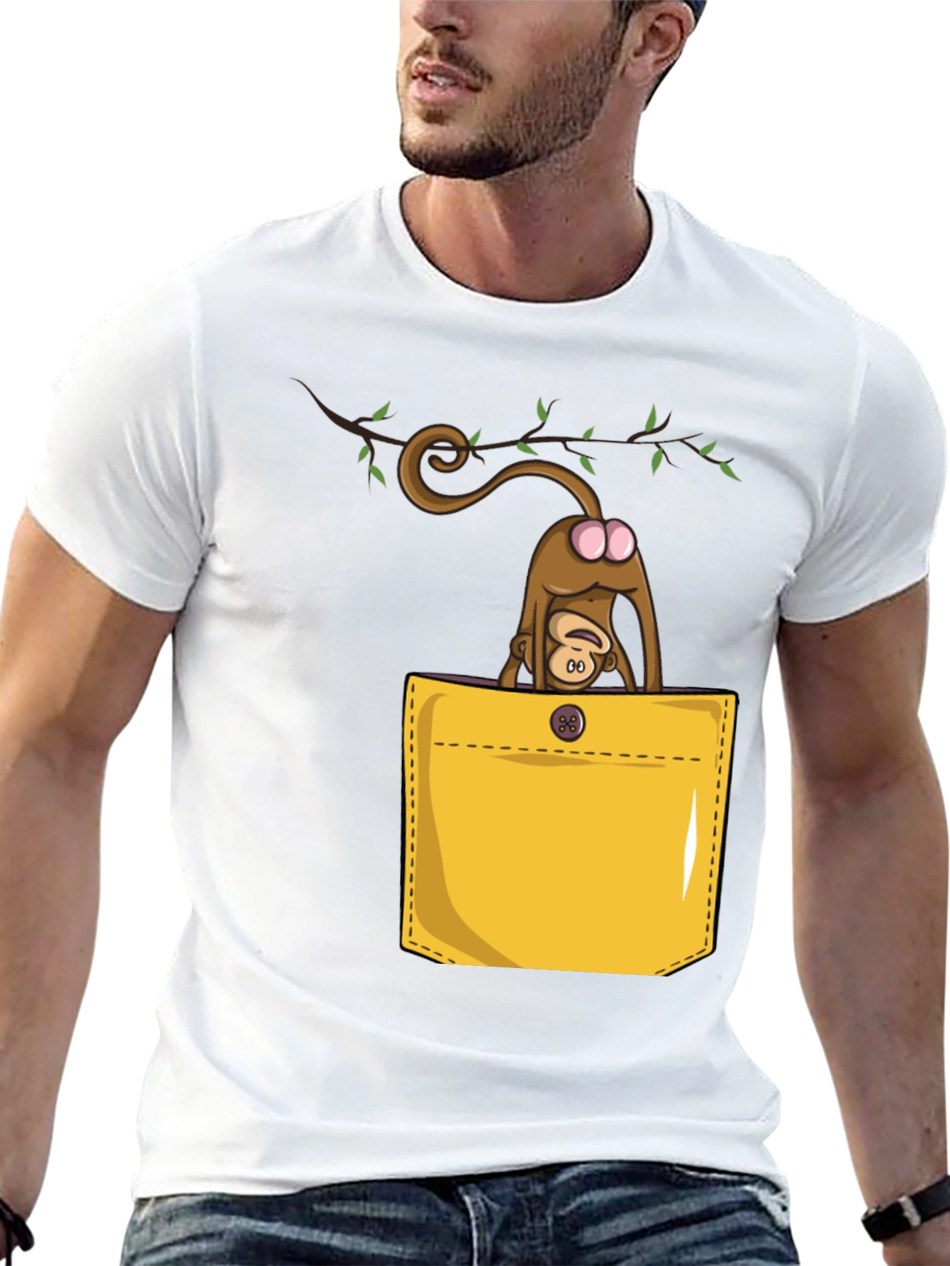 Camiseta Negra con Diseño Divertido de Mono en Bolsillo