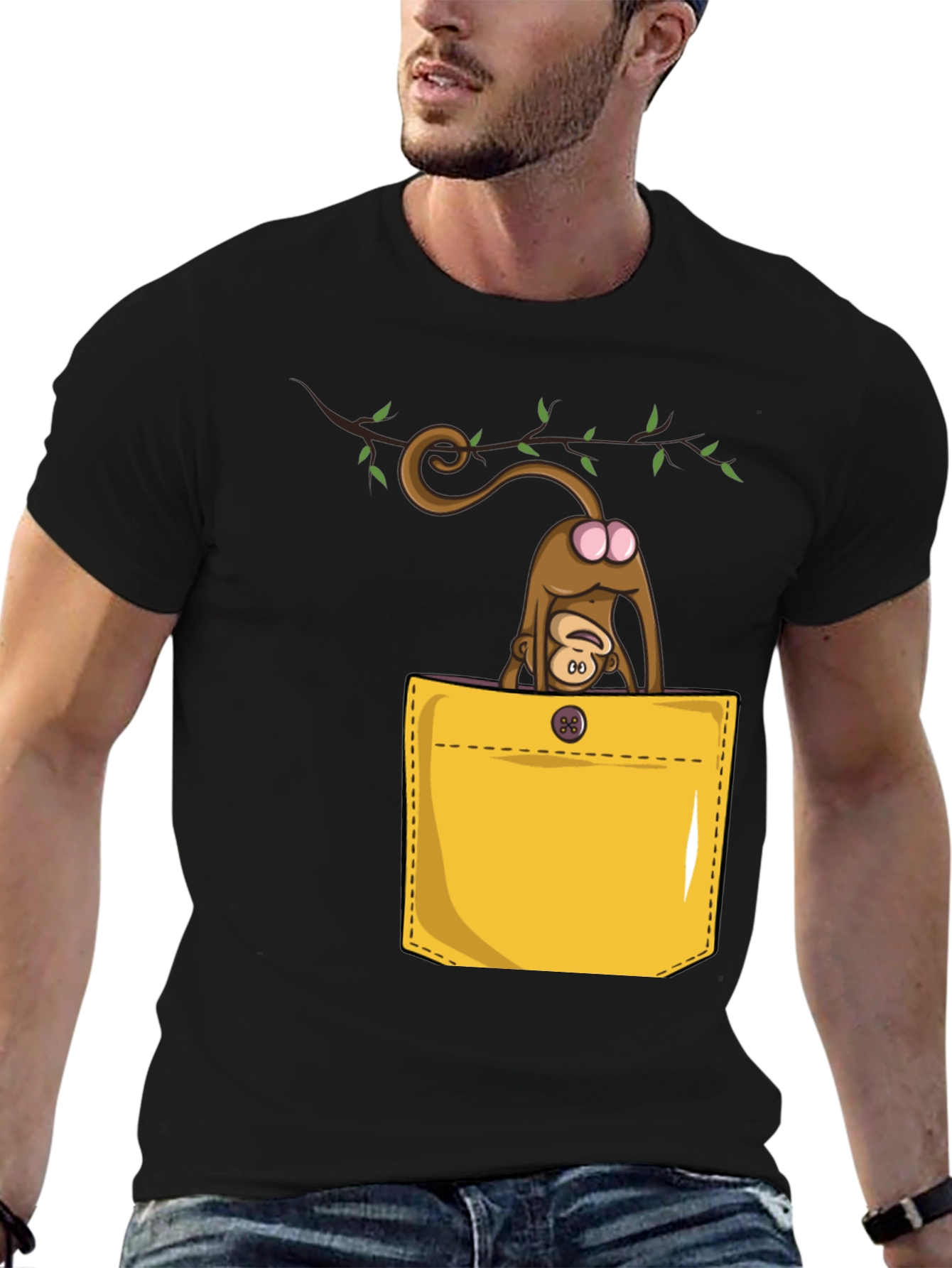 Camiseta Negra con Diseño Divertido de Mono en Bolsillo