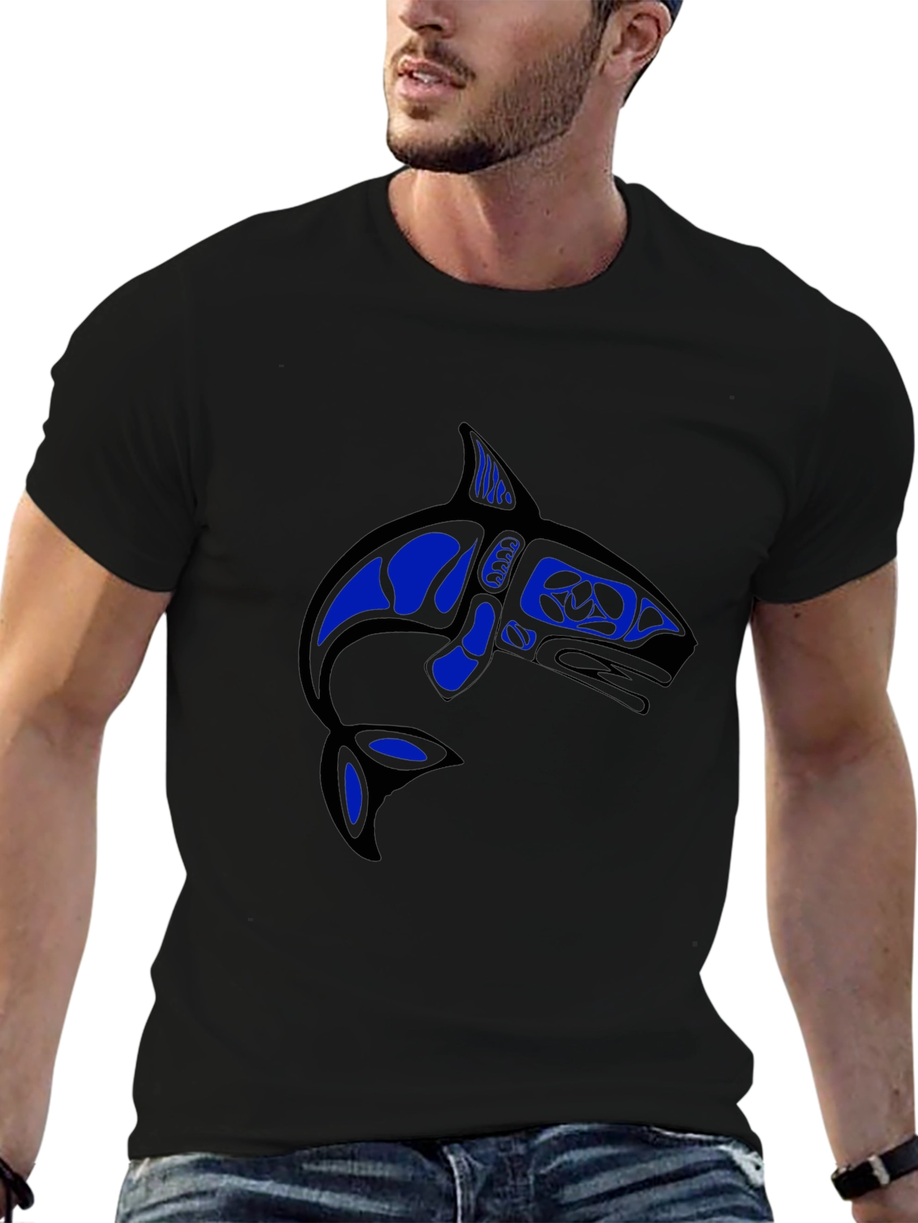 Camiseta Negra con Diseño de Orca Azul