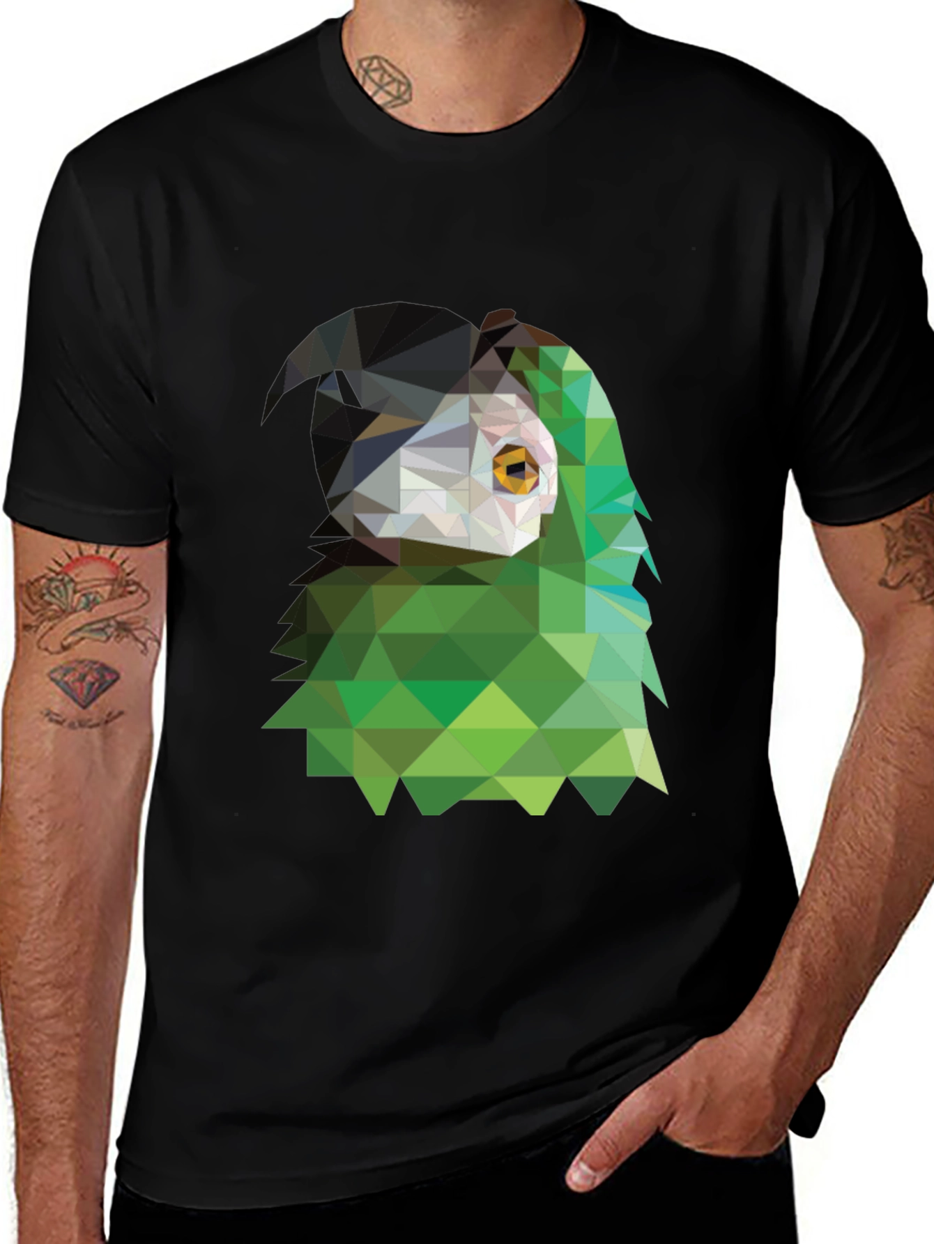 Camiseta Negra con Diseño Geométrico de Ave
