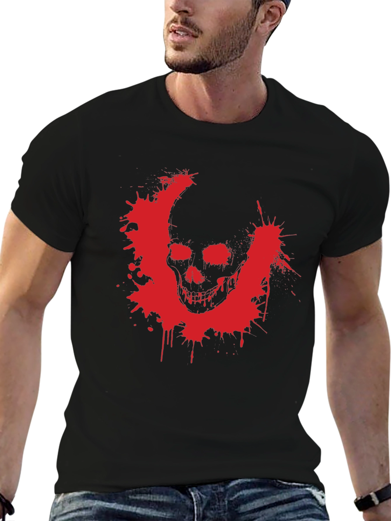 Camiseta Negra con Estampado de Calavera Roja