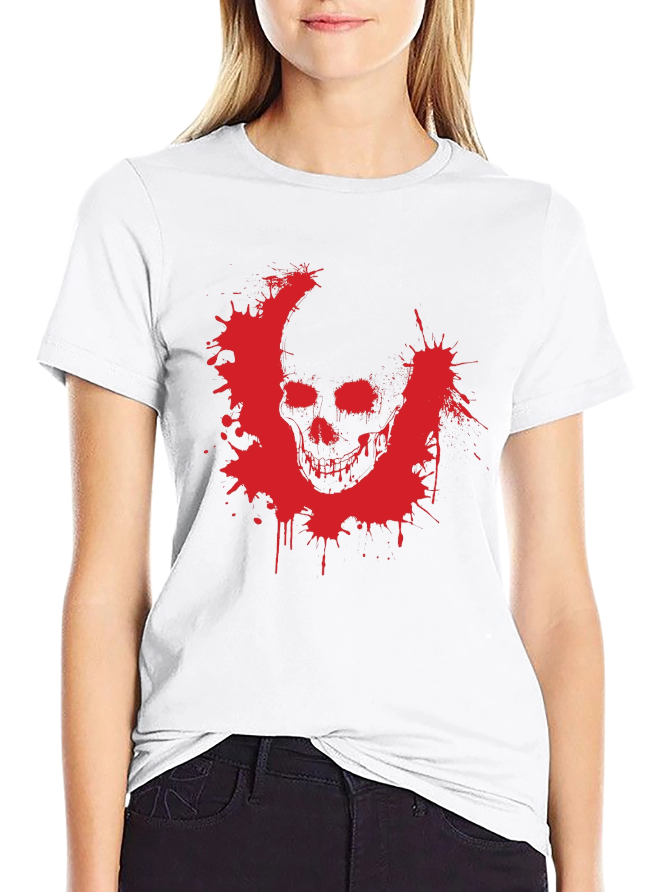 Camiseta Negra con Estampado de Calavera Roja