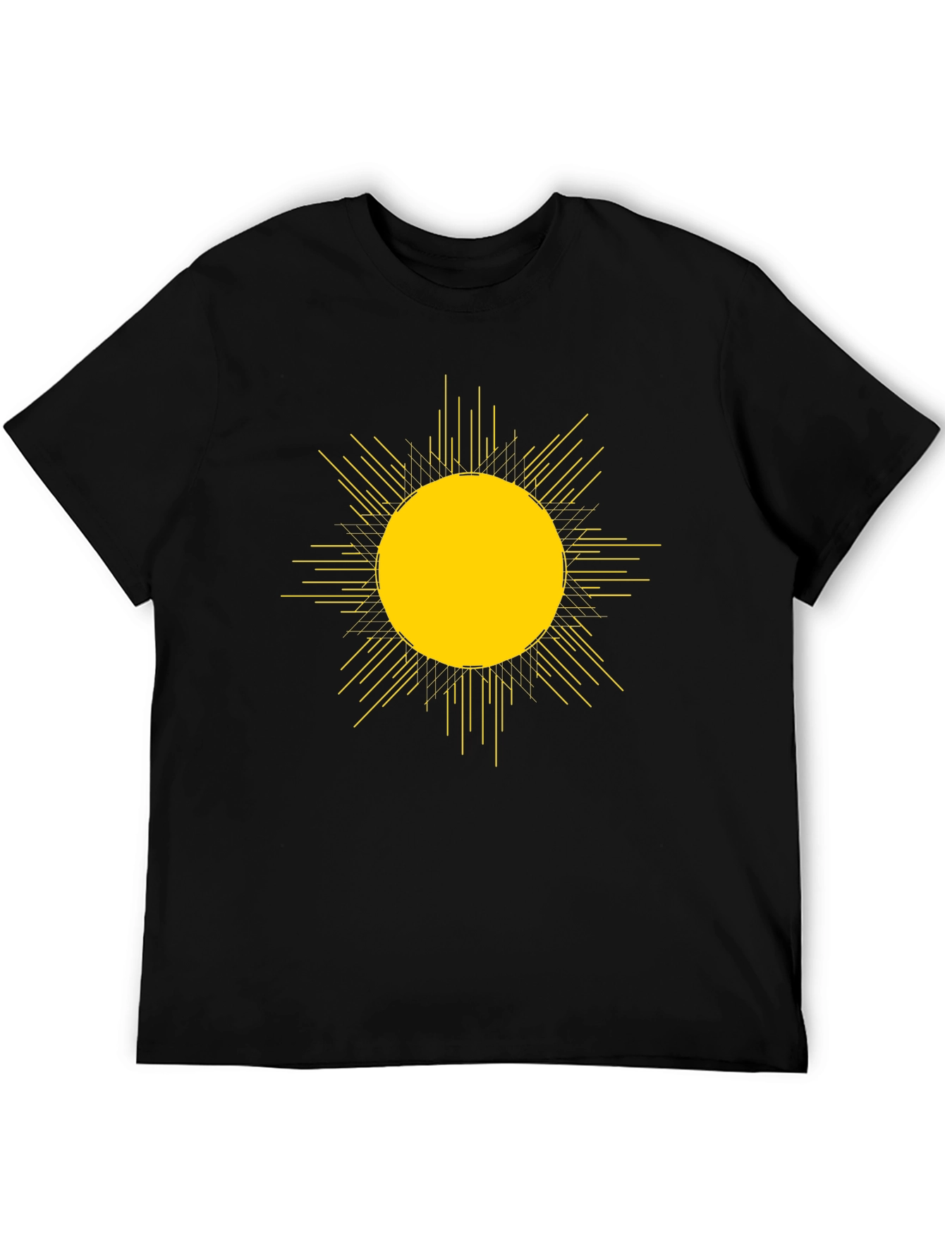 Camiseta Negra con Diseño de Sol Abstracto Amarillo