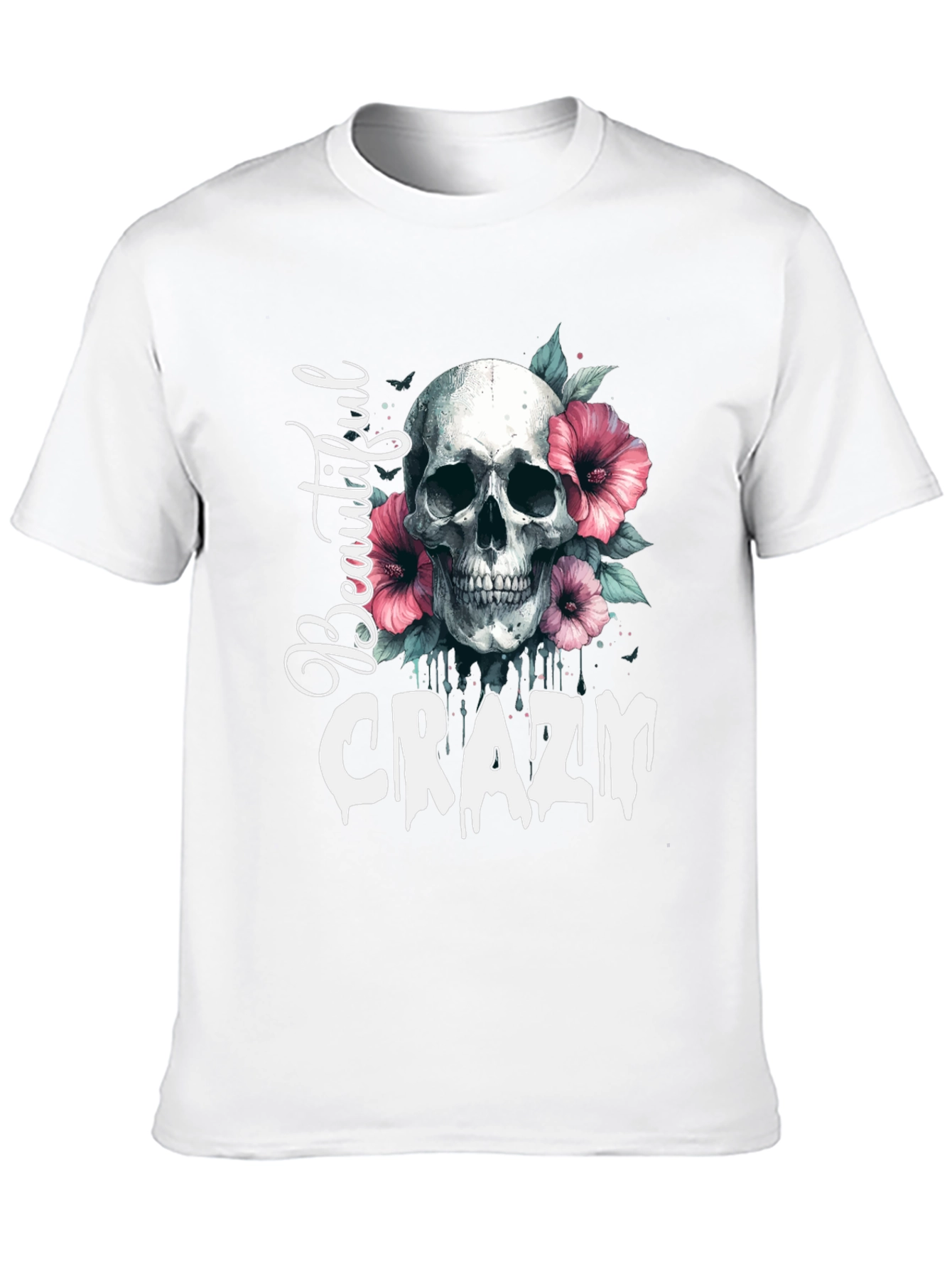 Camiseta Negra: Calavera Flores y Letras Beautiful Crazy