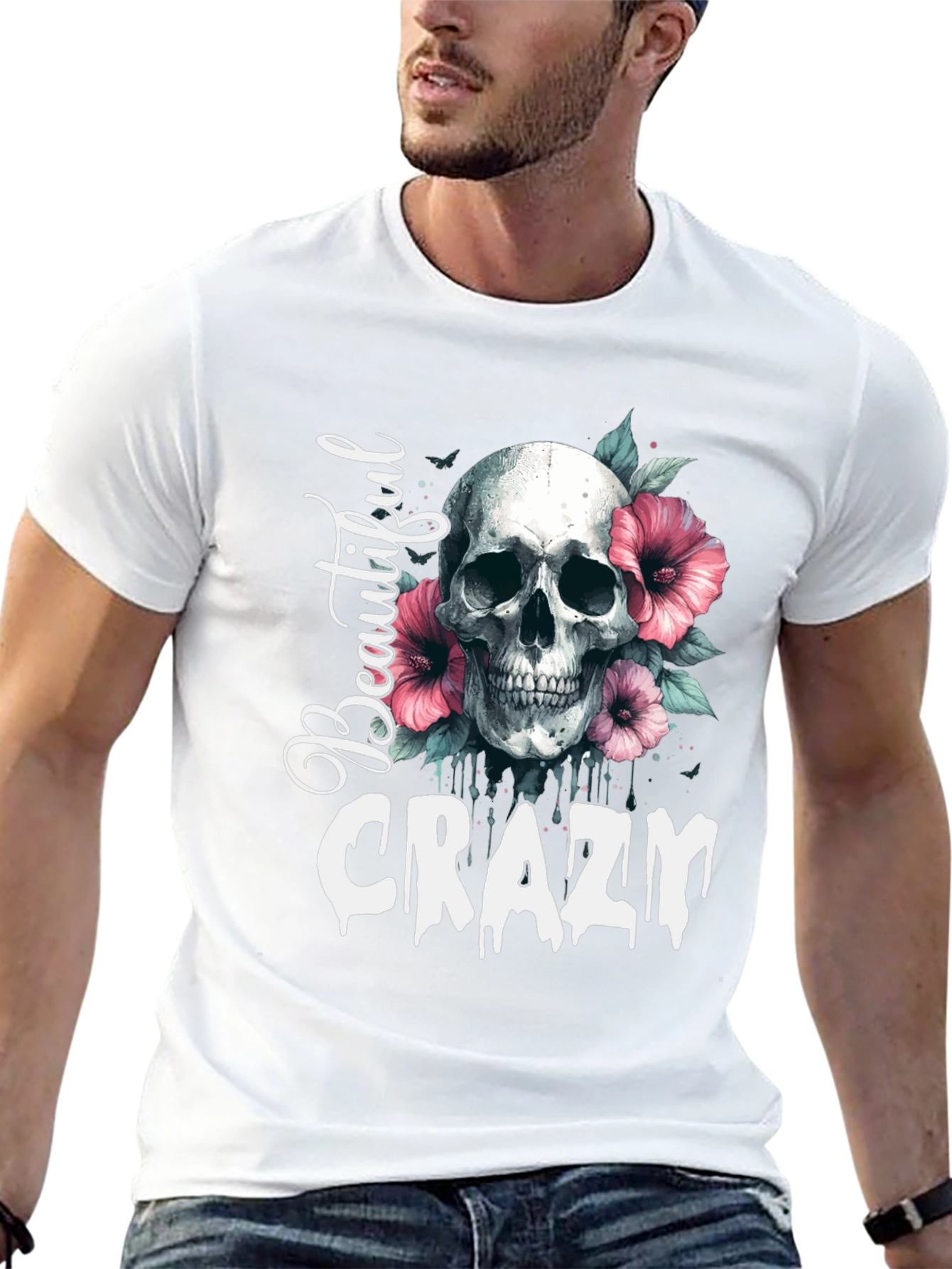 Camiseta Negra: Calavera Flores y Letras Beautiful Crazy