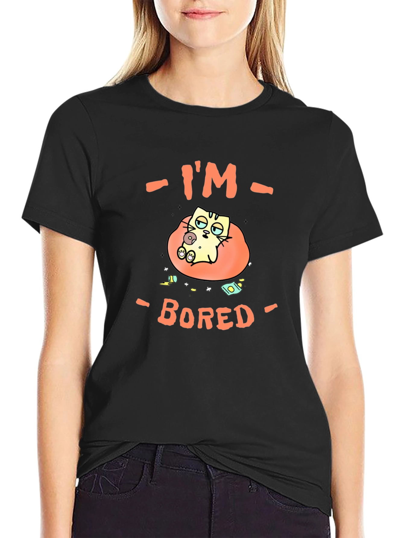 Camiseta Negra Estoy Aburrido Diseño de Gato
