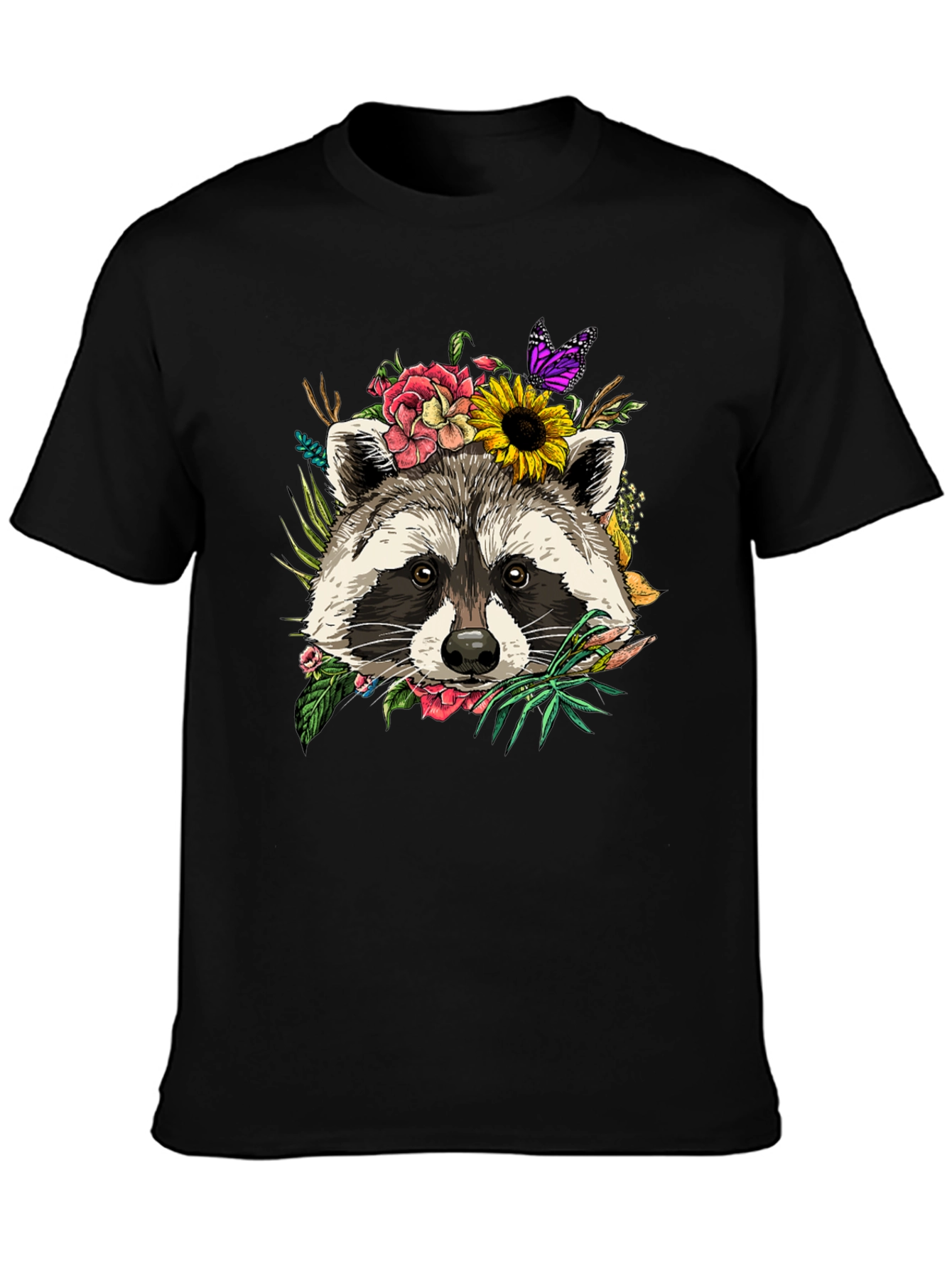 Camiseta Negra con Mapache Floral