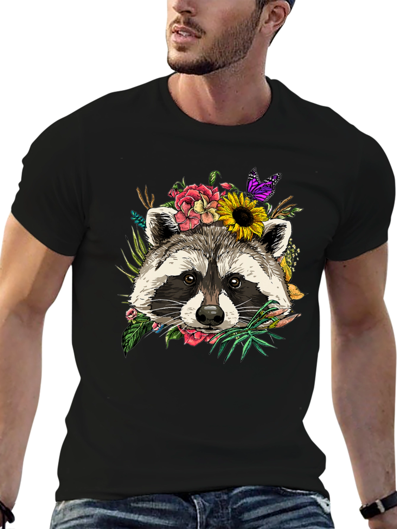 Camiseta Negra con Mapache Floral