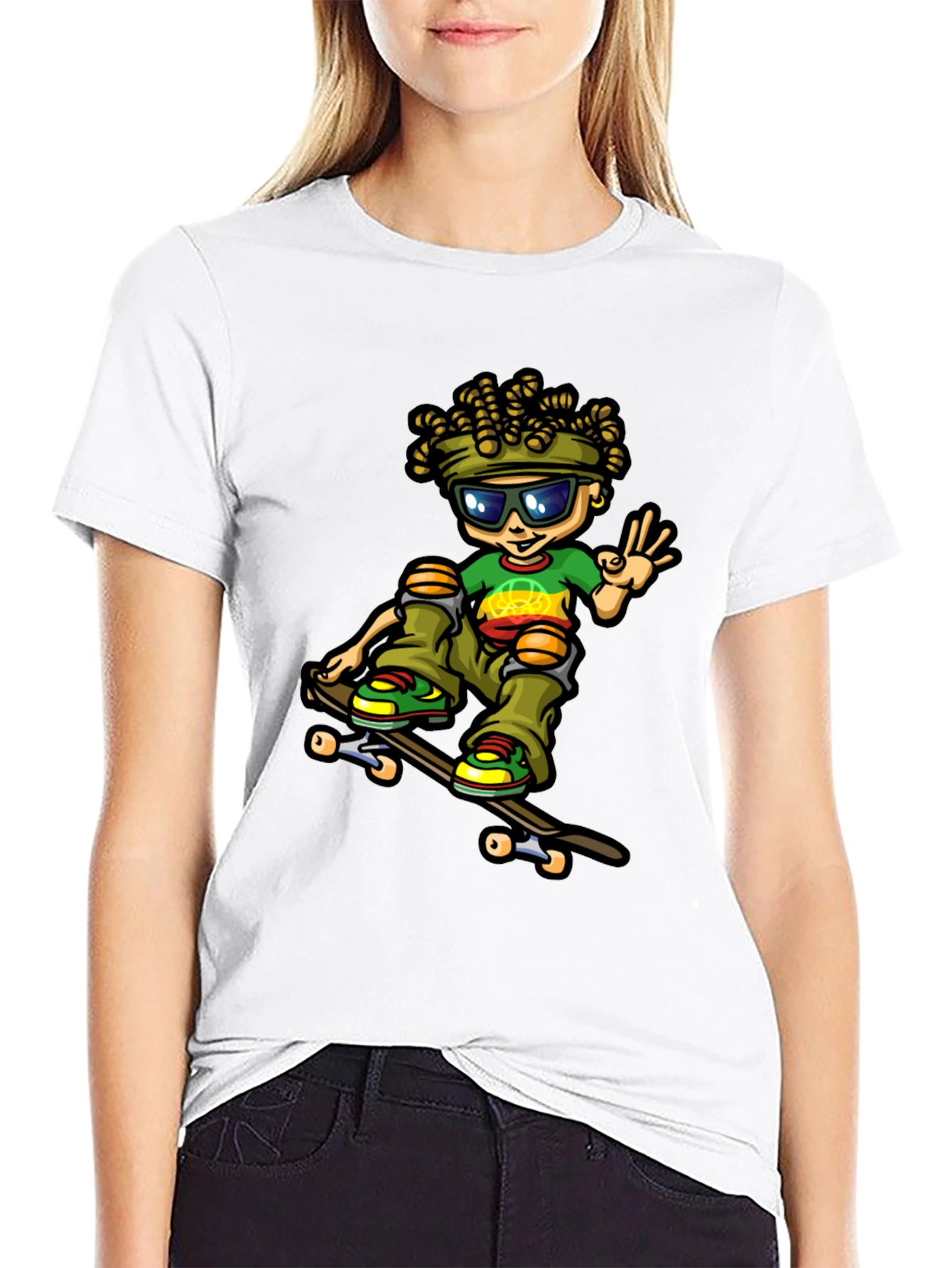 Camiseta Negra con Diseño de Skater Rasta