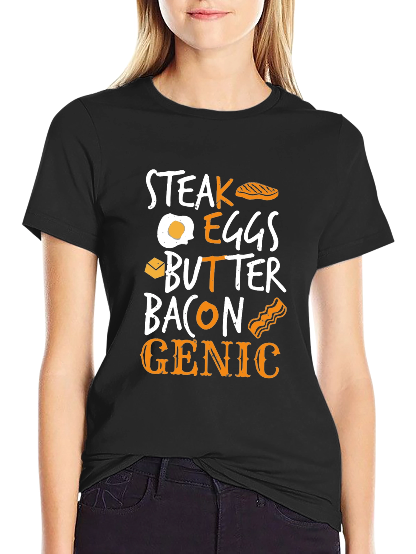 Camiseta Steak Eggs Butter Bacon Genic Negra Hombre