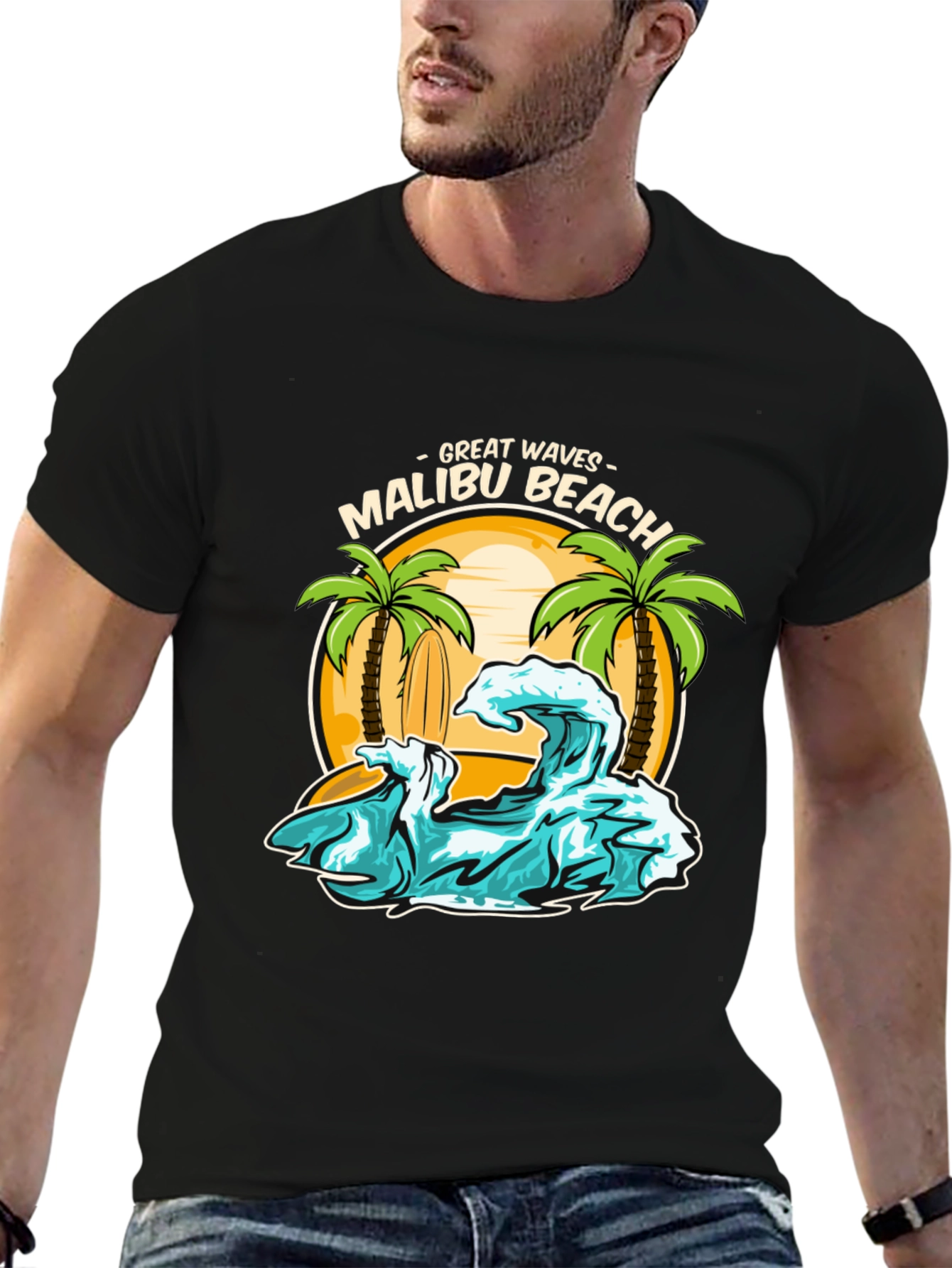 Camiseta Negra Malibu Beach - Ondas Geniales