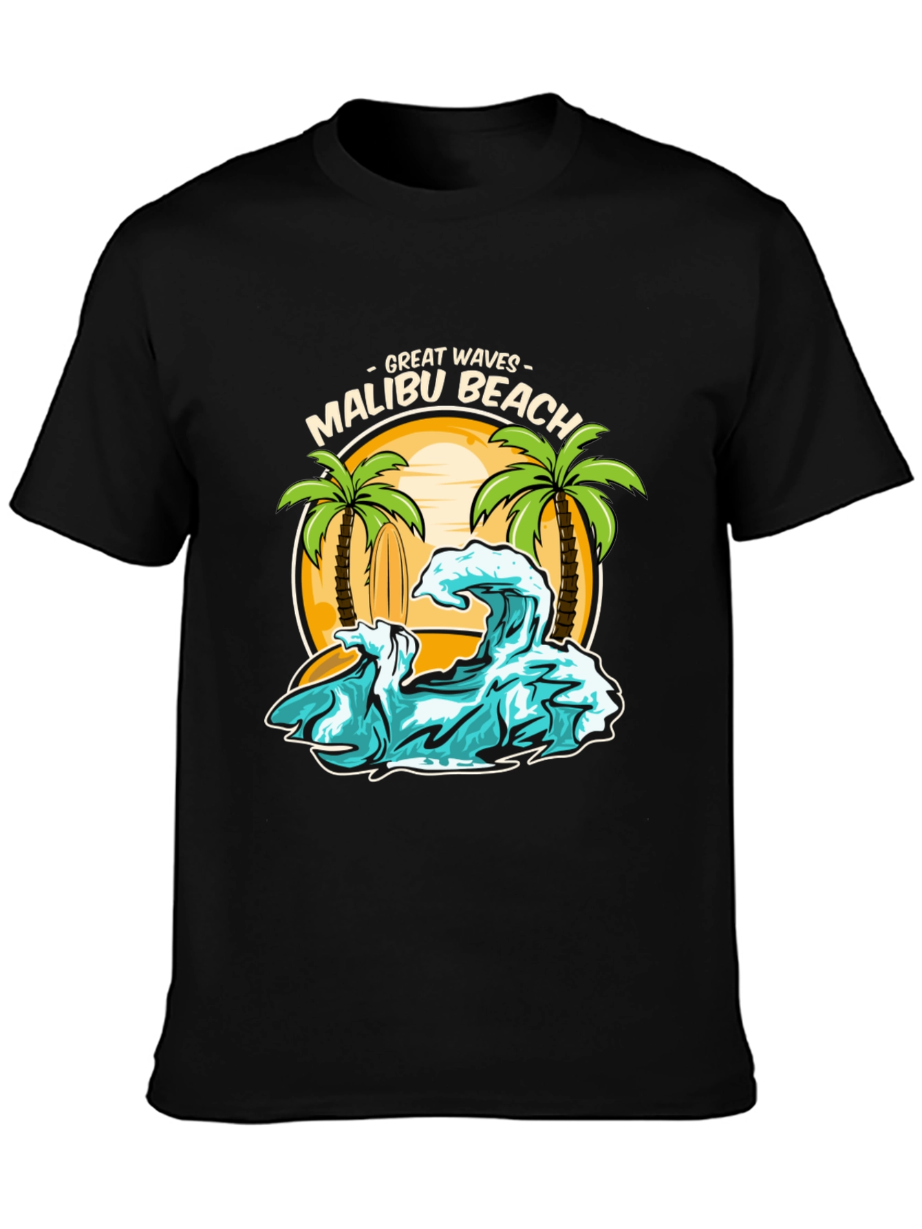 Camiseta Negra Malibu Beach - Ondas Geniales