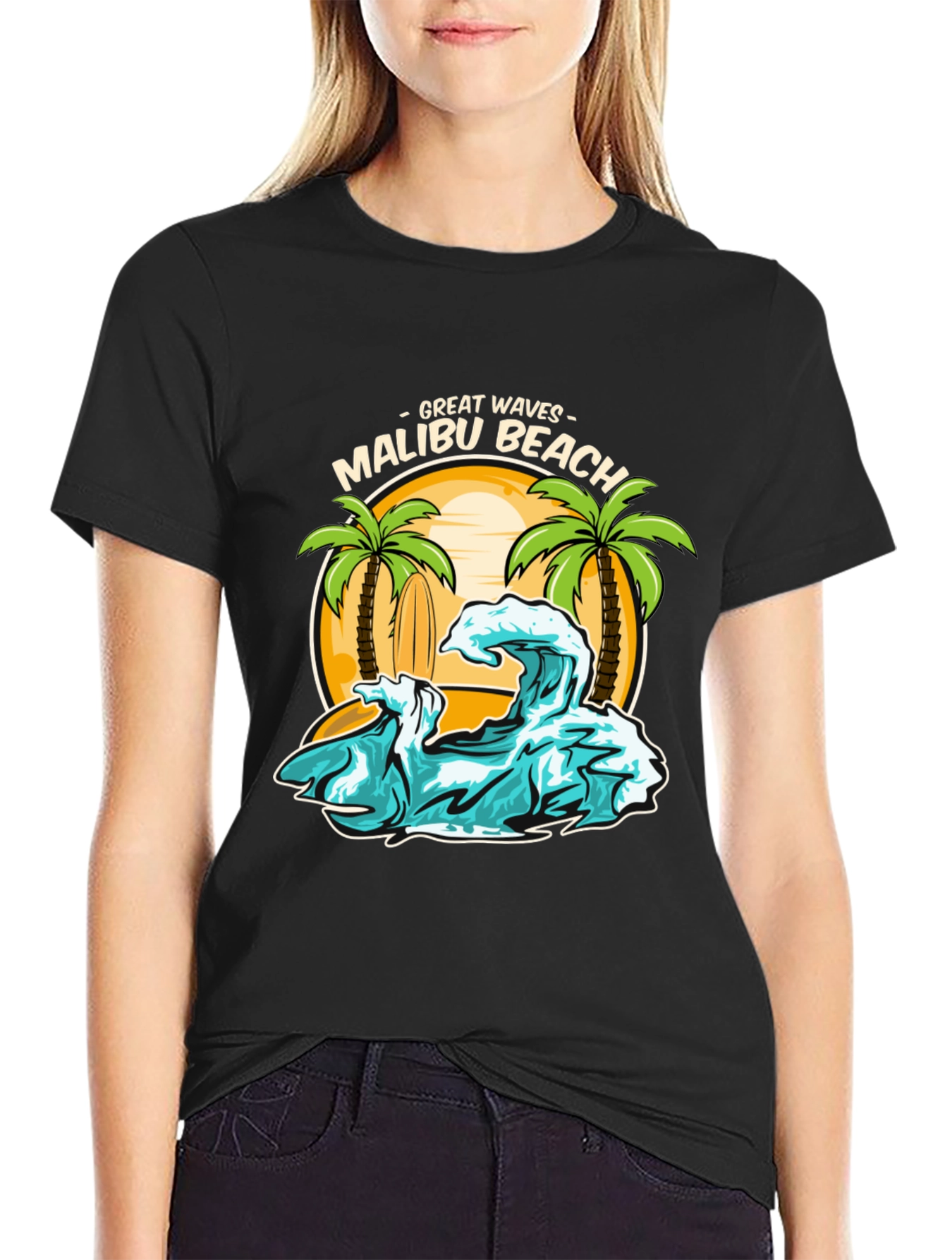 Camiseta Negra Malibu Beach - Ondas Geniales