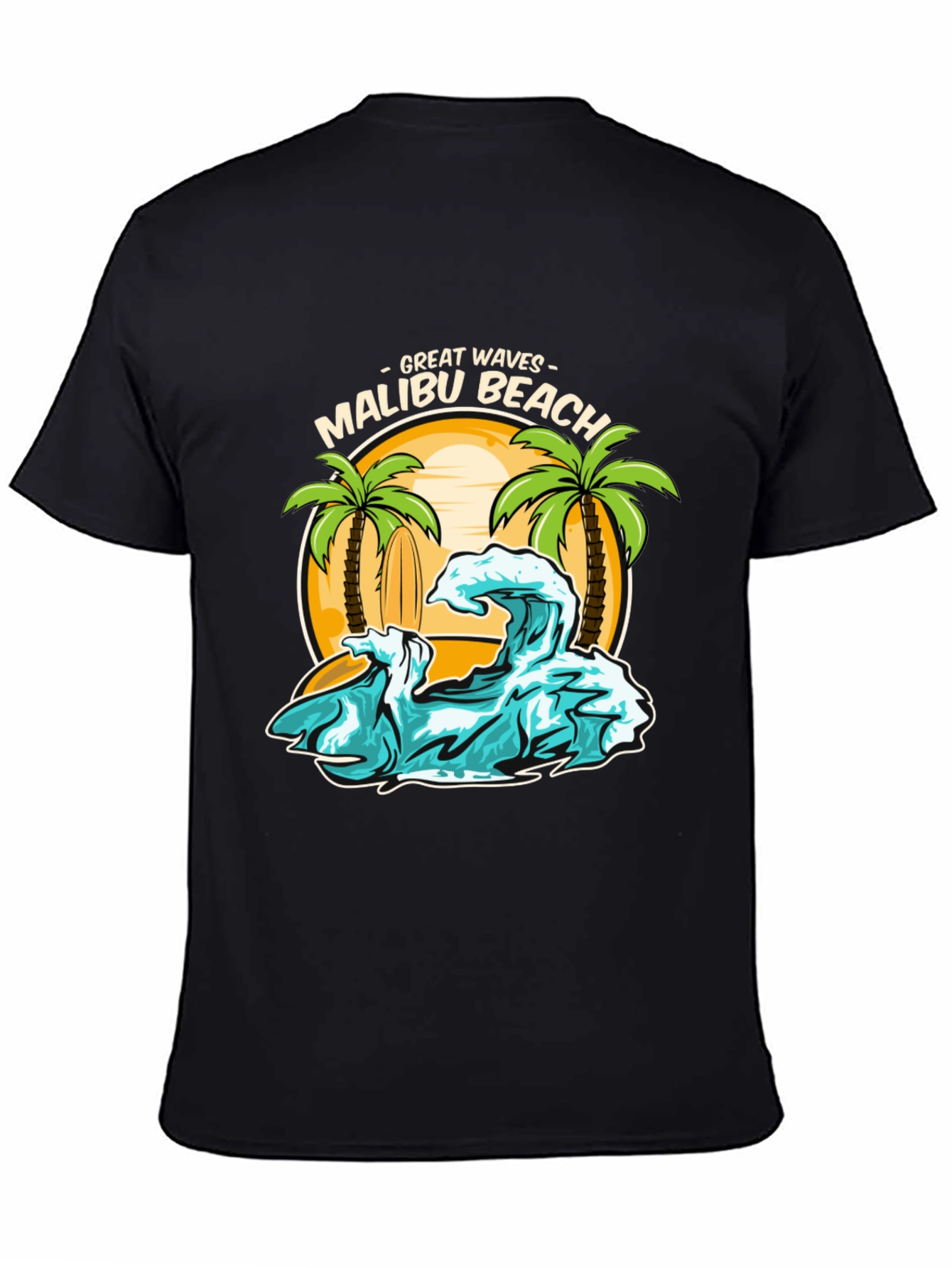 Camiseta Negra Malibu Beach - Ondas Geniales