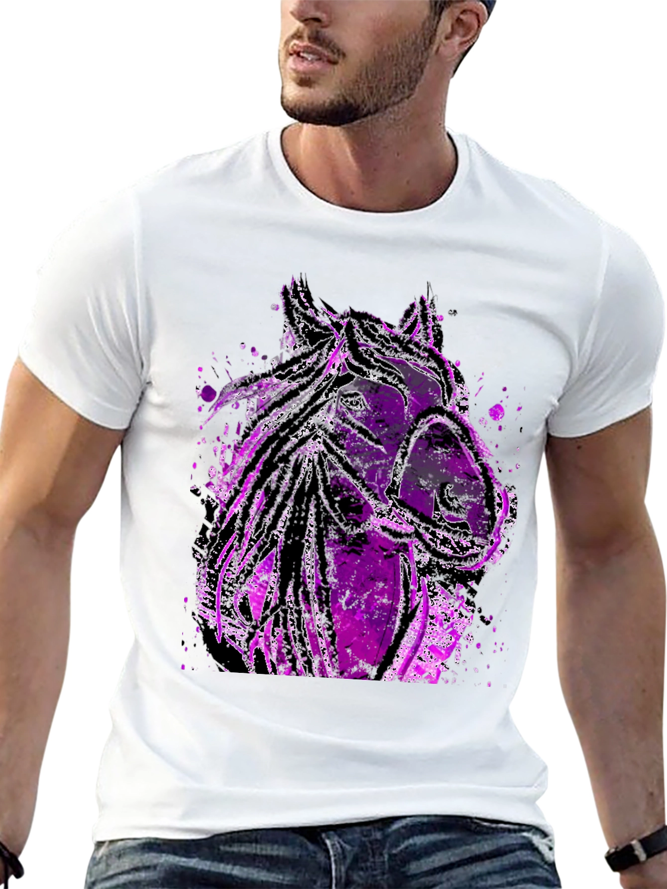 Camiseta Negra con Diseño de Caballo Púrpura